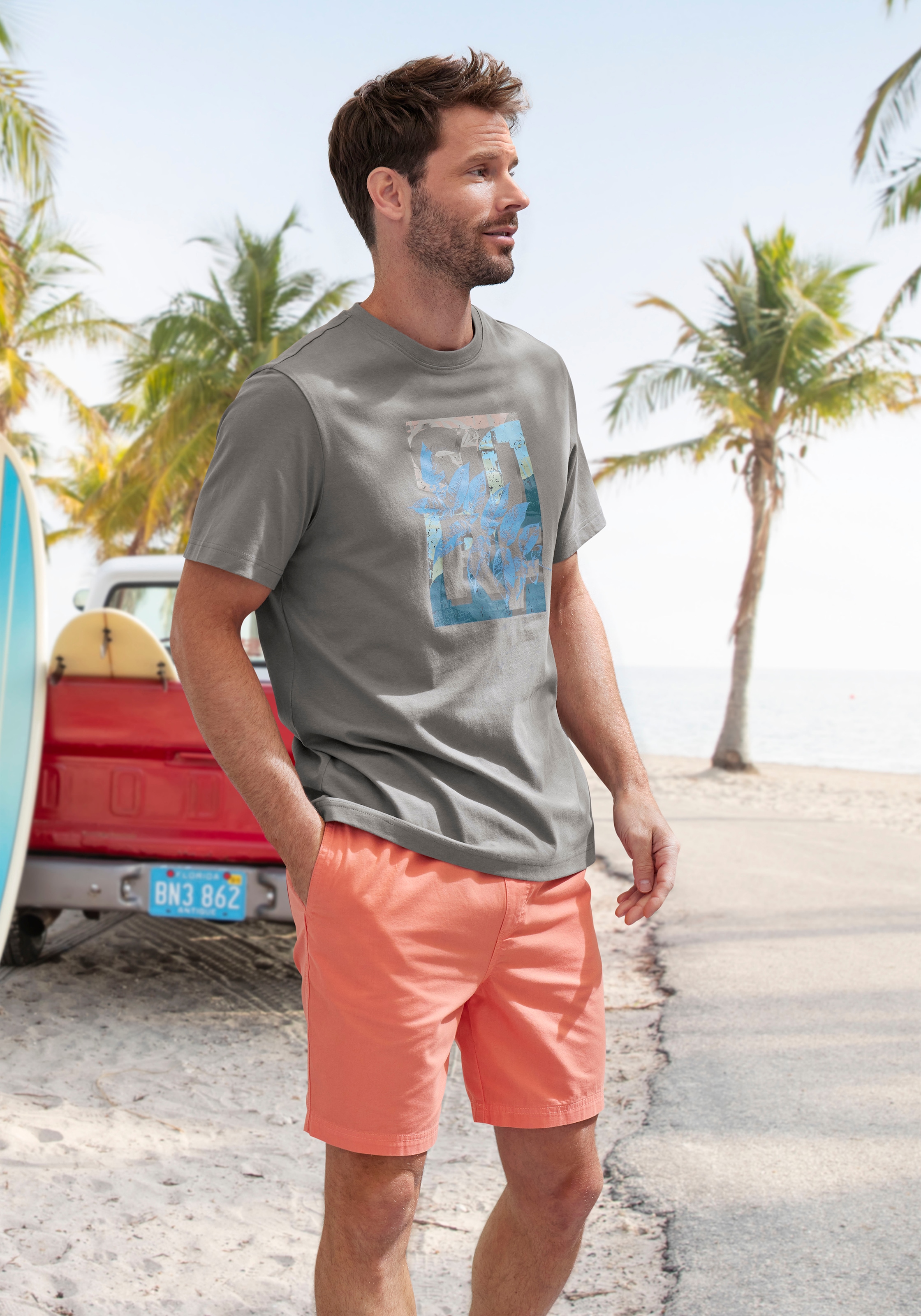 John Devin T-Shirt, Rundhalsshirt mit Surf -Aufdruck aus reiner Baumwolle