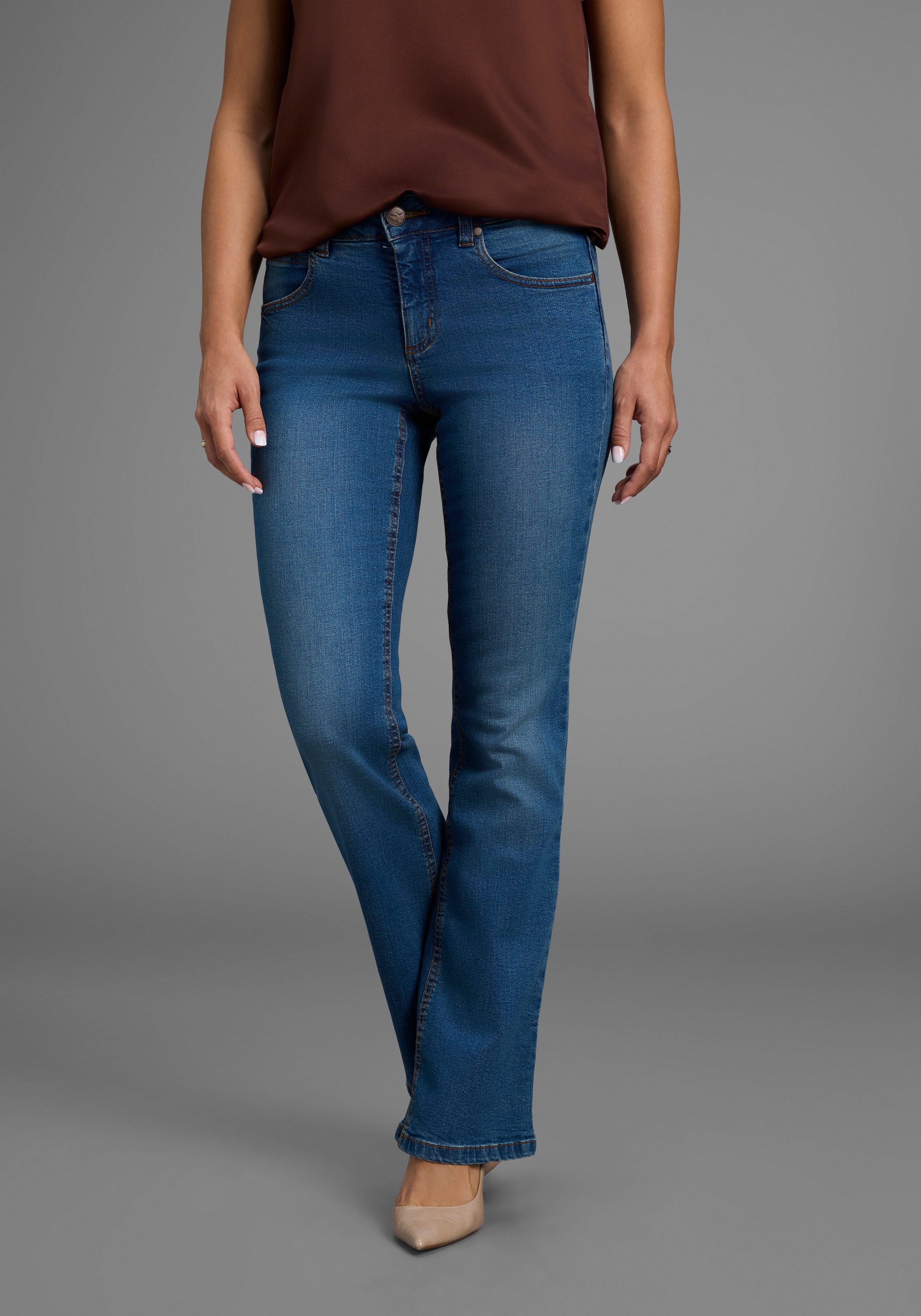 Arizona Bootcut-Jeans »Bund mit seitlichem Gummizugeinsatz«, hohe Leibhöhe, Bootcut, mit Stretch, klassischer 5-Pocket-Style