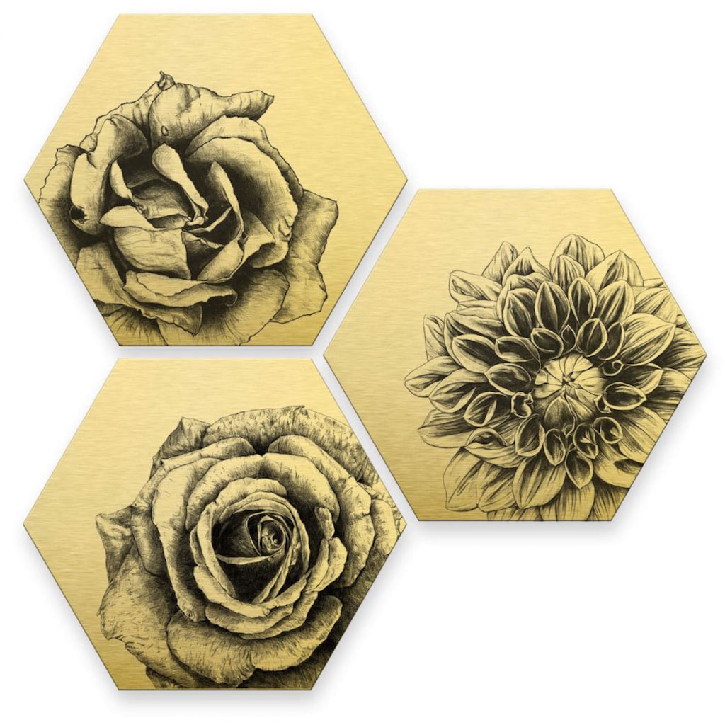 Wall-Art Mehrteilige Bilder »Florales Blumen Set Goldeffekt«, Schriftzug, (Set, 3 St.)