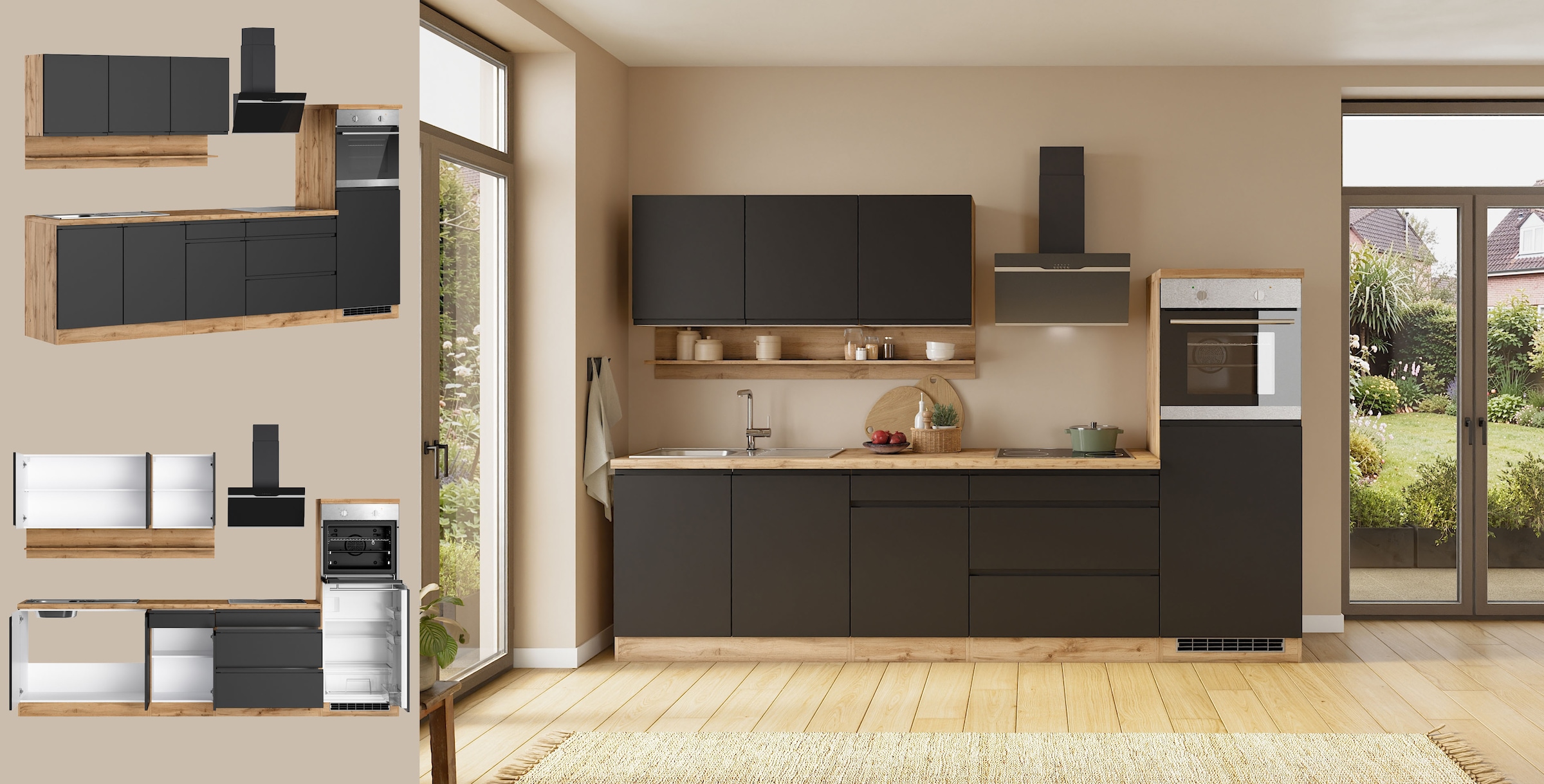KOCHSTATION Küchenzeile »KS-Virginia,neu in verbesserter Ausführung« Arbeitsplatte 38 mm stark, Stauraum, Softclose,  Breite 290, Soft-Close-Funktion, ohne E-Geräte