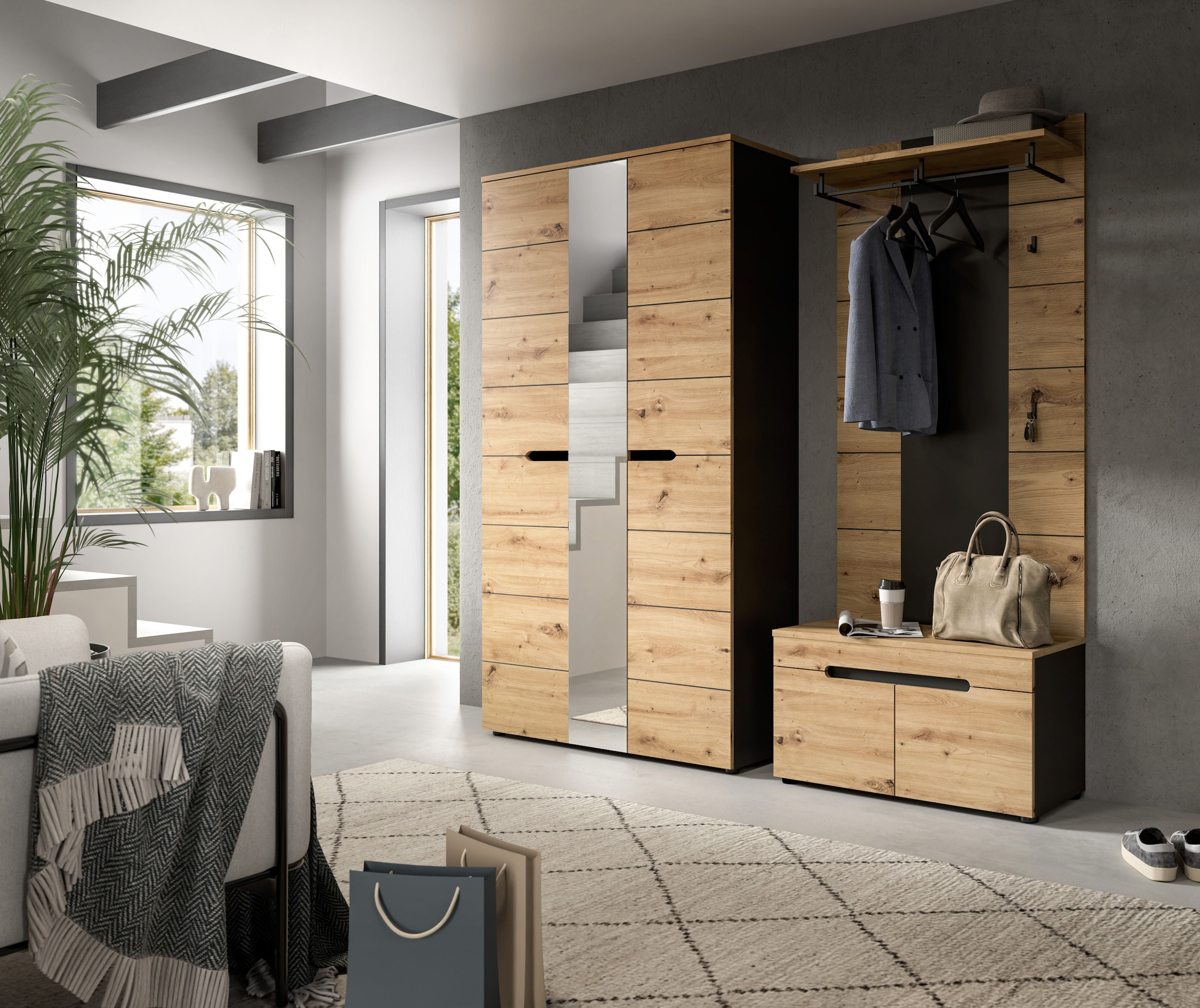 Home affaire Garderoben-Set »REHAT, TOPSELLER!, 3-teilig, Breite 200 cm, individuell stellbar« Set, best. aus: Garderobenschrank, Sitzbank & Garderobenpaneel, 3 Stk. tlg.