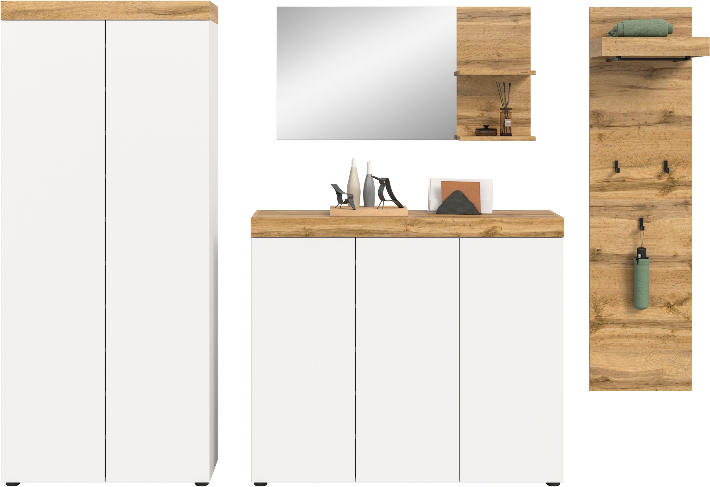 OTTO home Garderoben-Set »MAMBO, TOPSELLER!, 4-teilige Kombination, stehend & hängend montierbar« bestehend aus: Garderobenschrank, Kommode, Spiegel, Garderobenpaneel, 4 Stk. tlg.