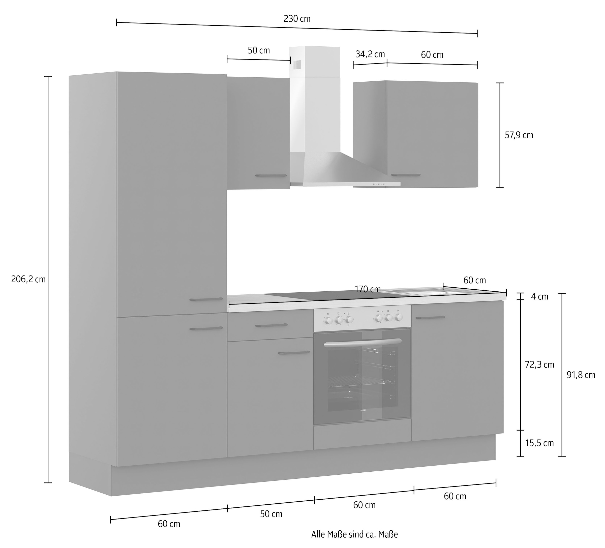 IMPULS KÜCHEN Küchenzeile »"Tirana", Ausrichtung wählbar, Schubkästen mit Soft-Close«, vormontiert, wahlweise mit E-Geräten, mit Vollauszug, Breite 230 cm