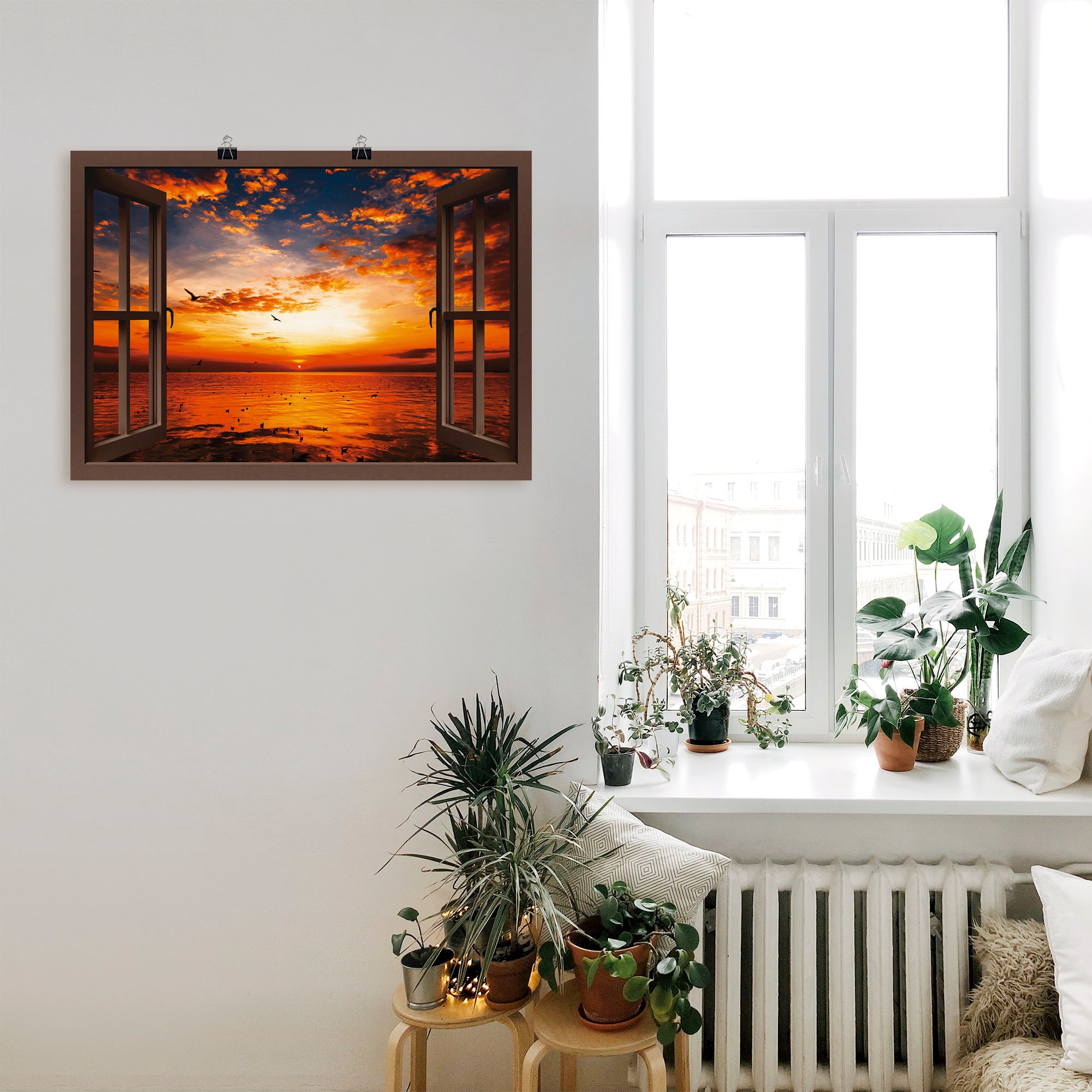 Artland Wandbild »Fensterblick Sonnenuntergang am Strand«, Fensterblick, (1 St.), als Leinwandbild, Poster, Wandaufkleber in verschied. Größen