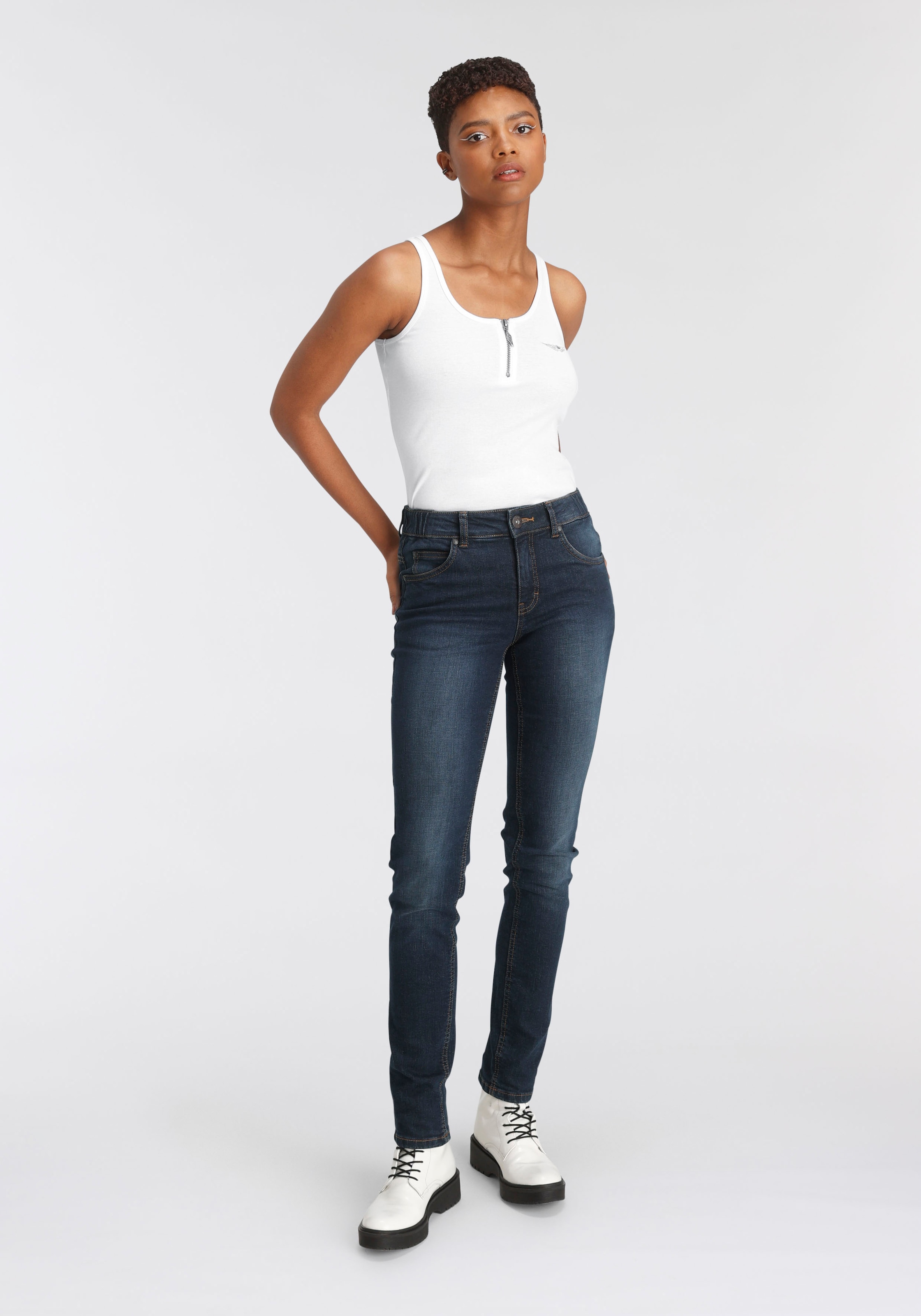 Arizona Slim-fit-Jeans »Bund mit Gummizugeinsatz«, seitlichem kaufen OTTO High Waist bei