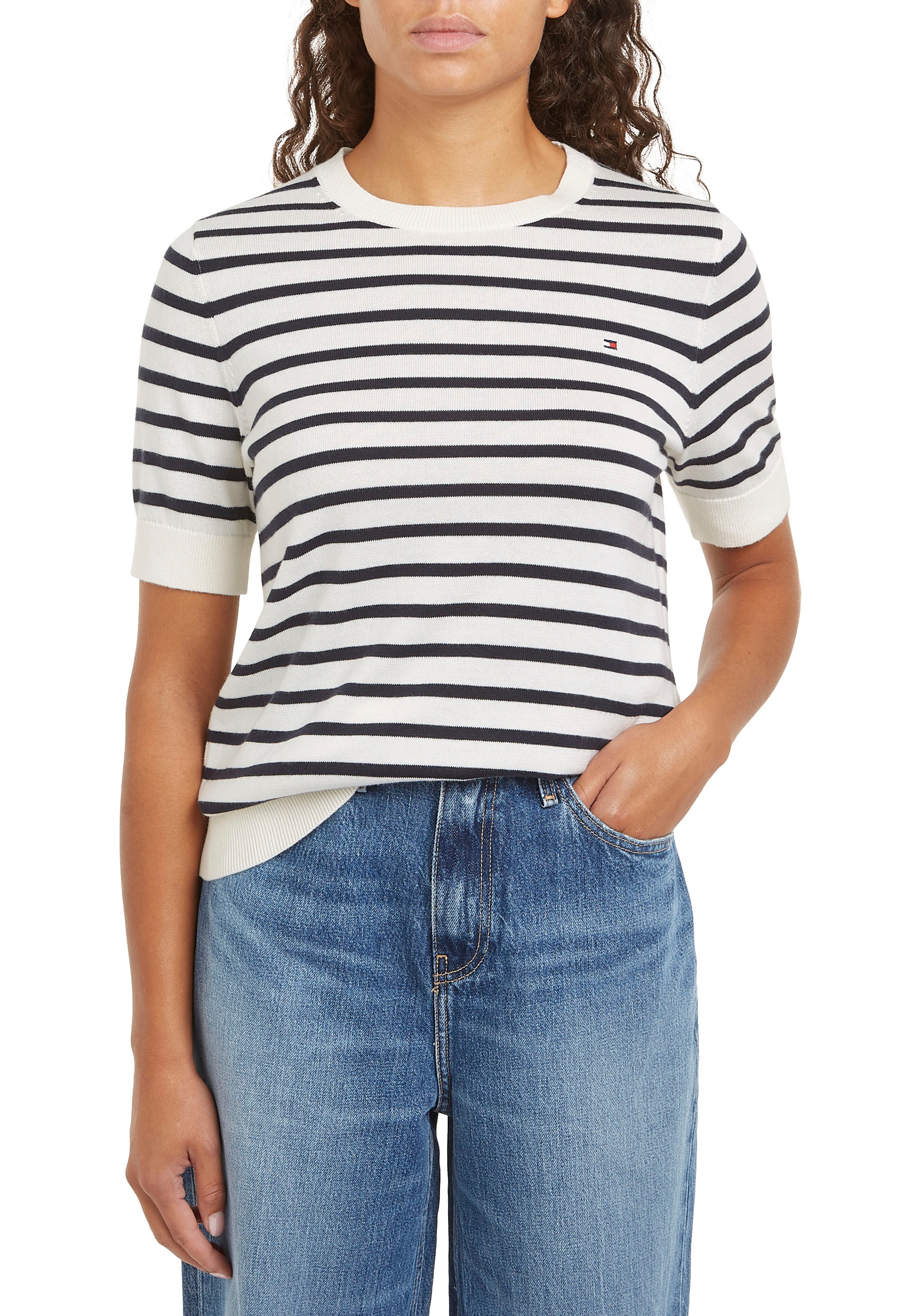 Tommy Hilfiger Kurzarmpullover »CO JERSEY STITCH C-NK SS SWEATER«, mit Logostickerei
