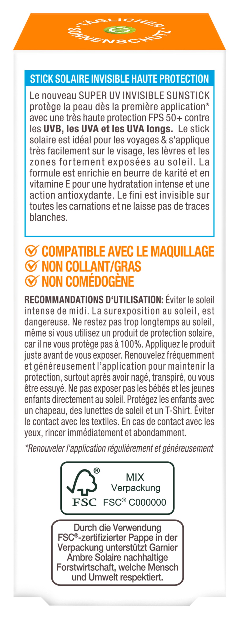 GARNIER After Sun »Garnier Super UV Sunstick LSF 50+«, Kompakte Größe, spendet Feuchtigkeit, nicht fettend und klebend.