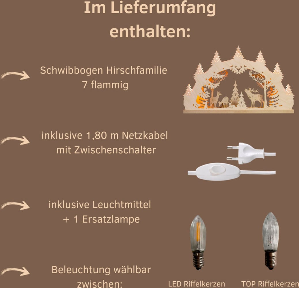 Weigla Schwibbogen »Hirschfamilie, Lichterbogen aus Holz, NATUR«, Erzgebirge garantiert, Weihnachtsdeko Innen, Weihnachtsbeleuchtung