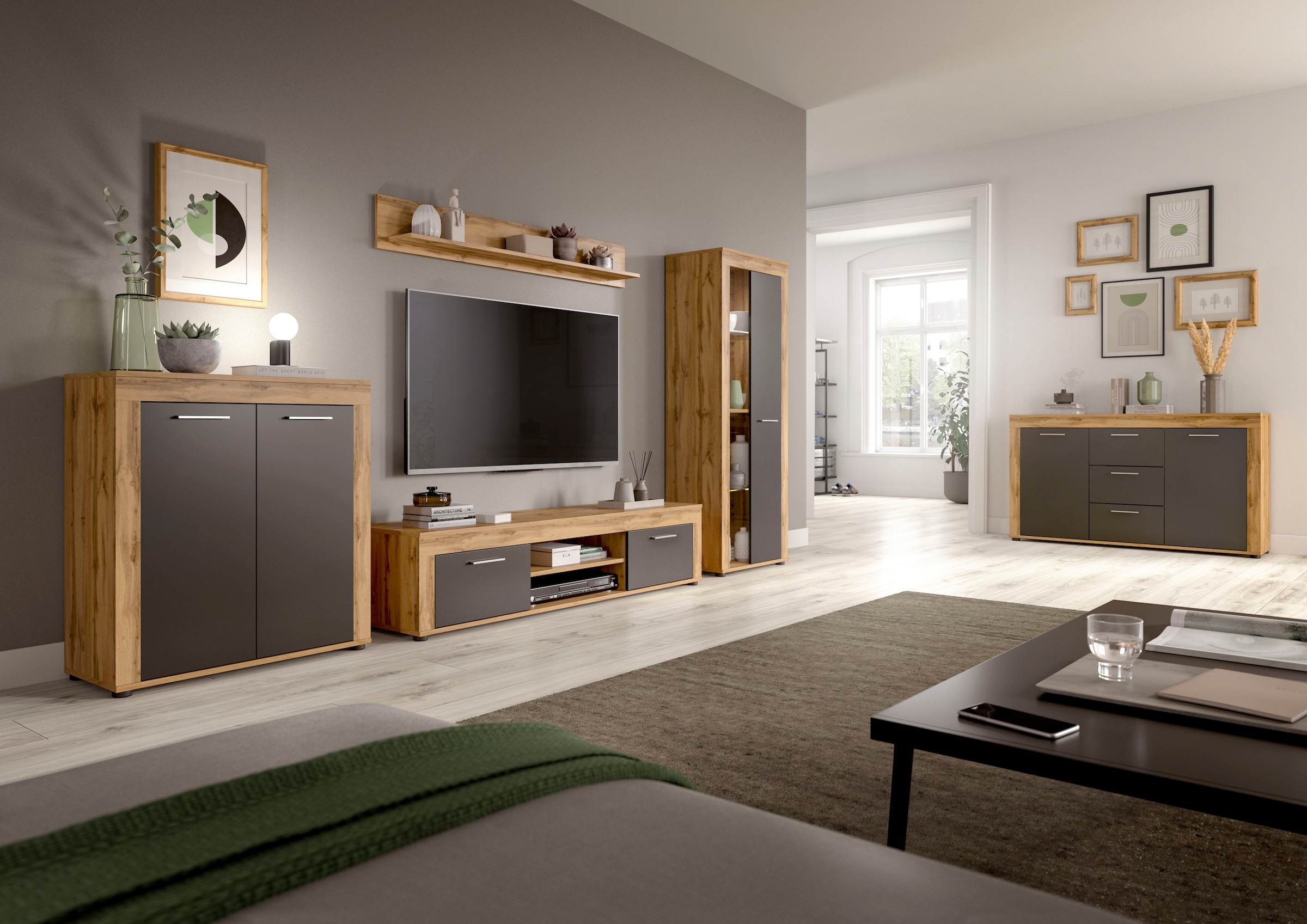 INOSIGN Wohnwand »Aosta, Breite 330cm, best. aus Highboard, Lowboard, Wandboard, Vitrine«, (4 St.), Wohnwand, Kombination, Anbauwand, Möbel Set, Schrankwand, Möbel Kombi