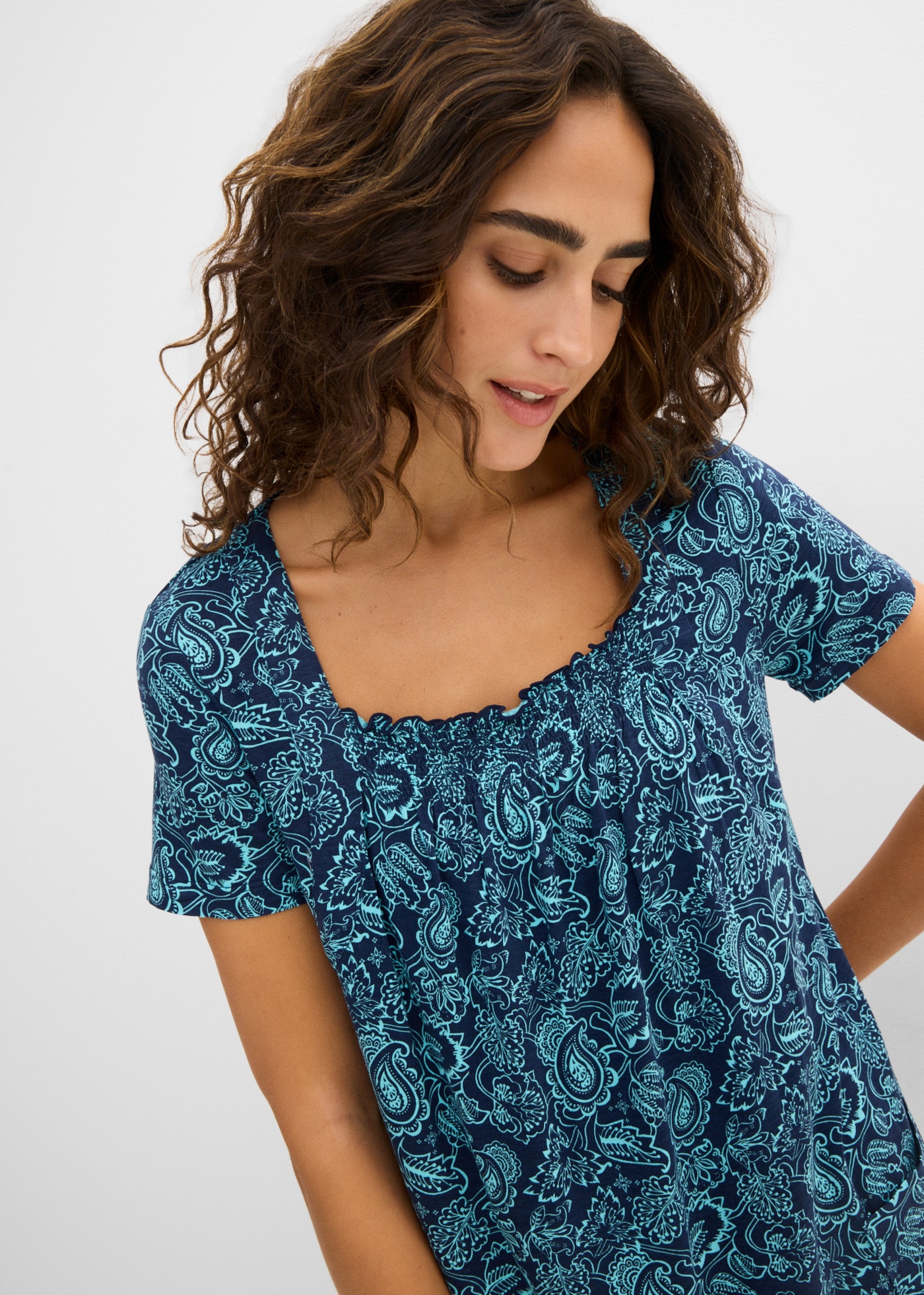 bonprix Tunikashirt mit gerafftem Ausschnitt, in A-Linie, Kurzarm-Design
