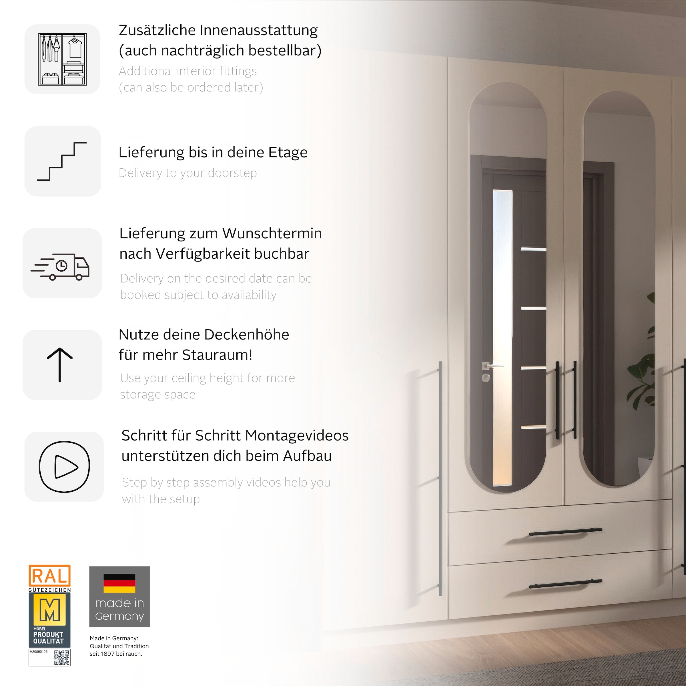 OTTO home Kleiderschrank »Schlafzimmer Schrank Garderobe RONDO Breiten 136/181/226/271 cm« 3 verschiedene Ausstattungen BASIC/CLASSIC/PREMIUM (inkl. SOFT-CLOSE),  elegante ovale Spiegelelemente Metallgriffe in Schwarz MADE IN GERMANY