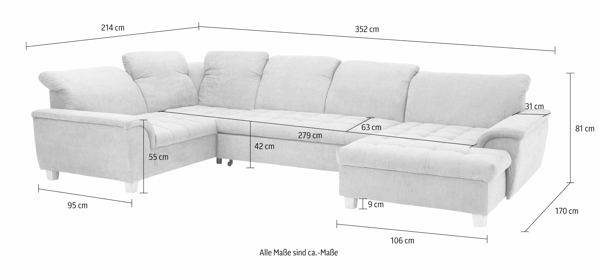 Home affaire Wohnlandschaft »Lyla U-Form« wahlweise mit Rückenfunktion und zusätzlich mit Bett + Bettkasten