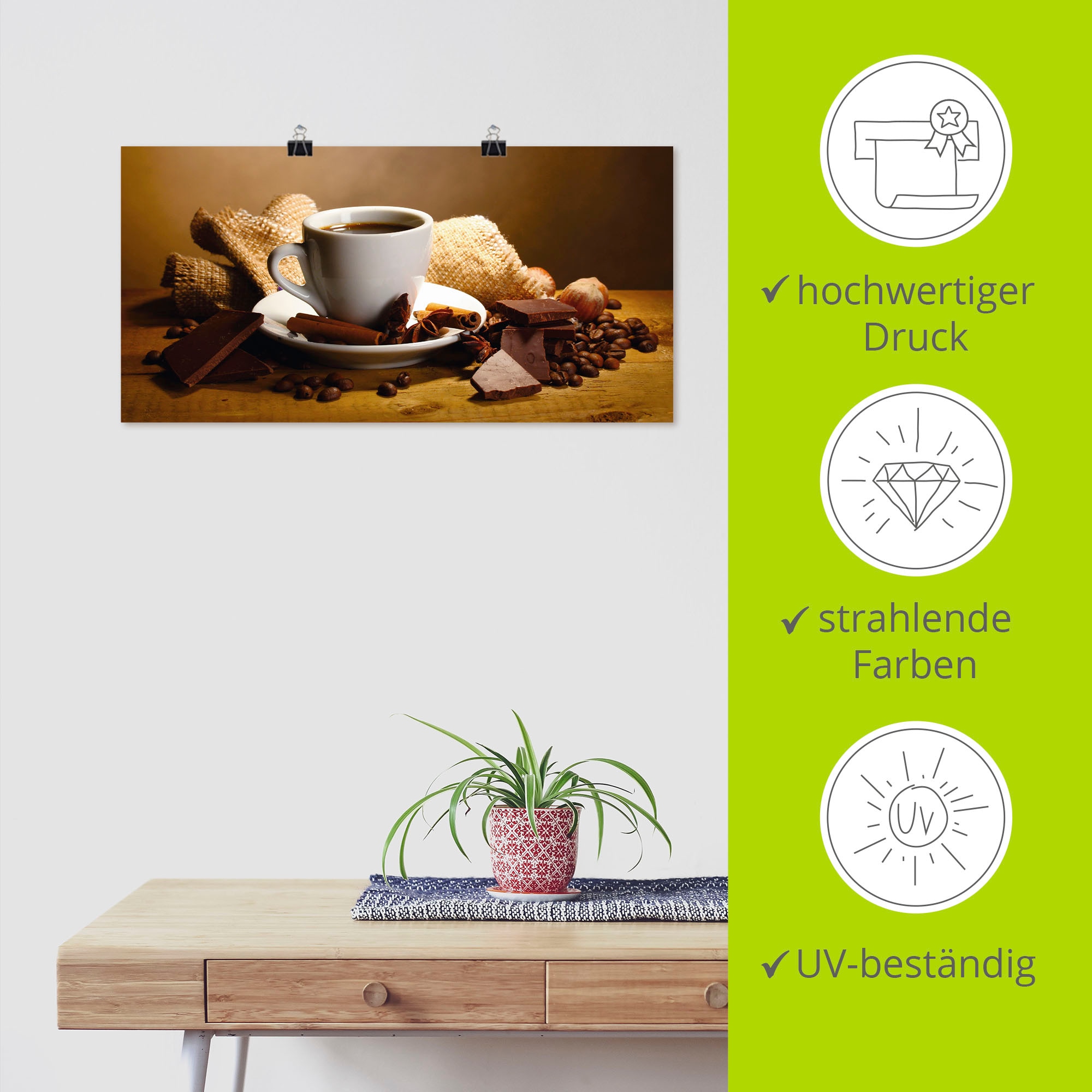 Artland Wandbild »Kaffeetasse Zimtstange Nüsse Schokolade«, Getränke, (1 St.), als Leinwandbild, Poster, Wandaufkleber in verschied. Größen
