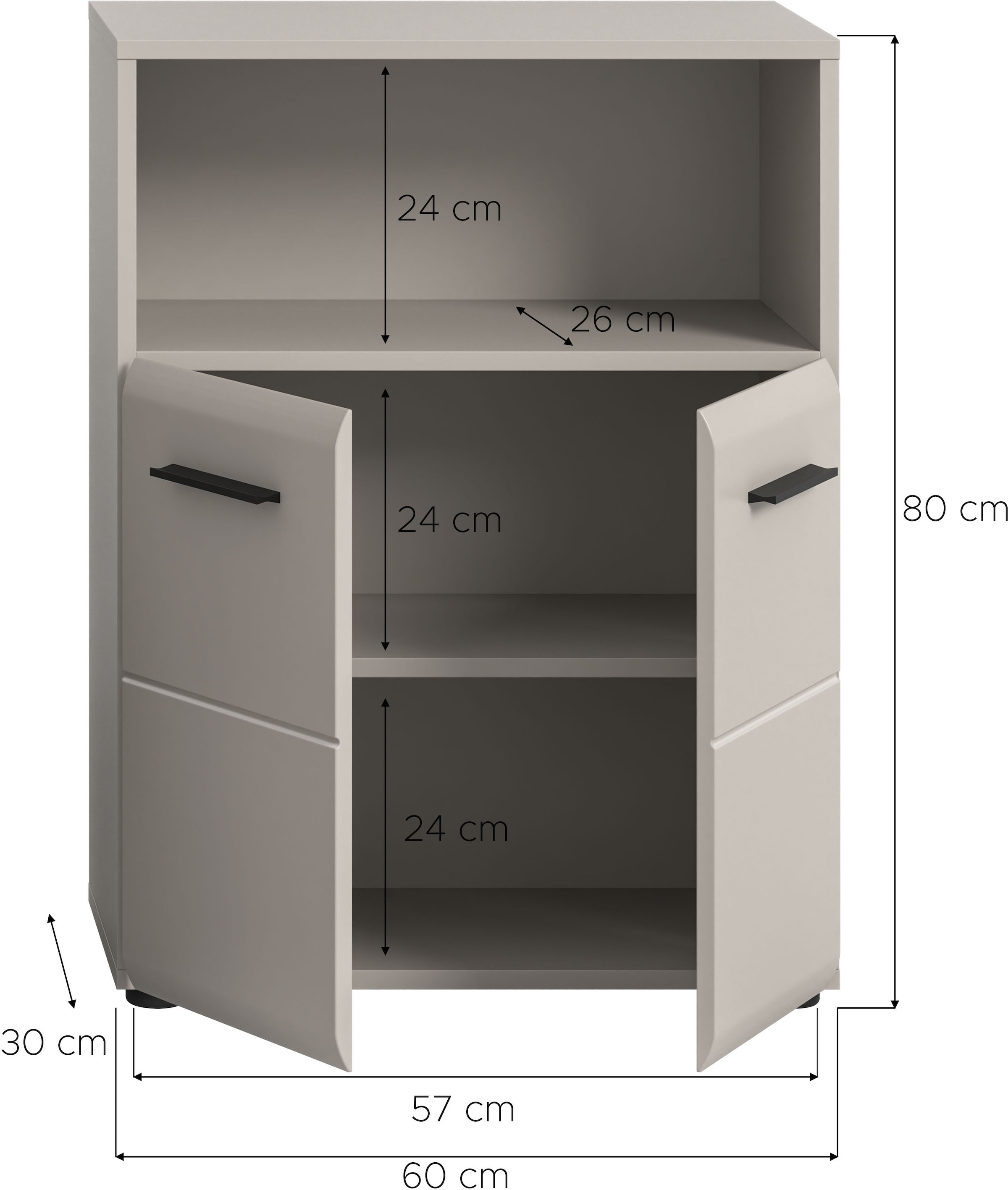 welltime Midischrank »FLORENZ,  Breite 60 cm, 2 Türen, 1 Fachboden, 1 offene Fach« TOPSELLER!, 1 Stk. tlg. hochwertige MDF Front, Griff schwarz, Badschrank, Bad