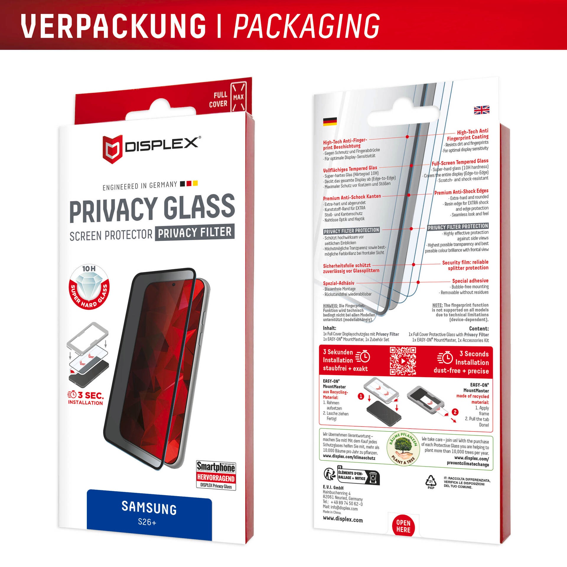 Displex Displayschutzglas »Privacy Glass Screen Protector mit MountMaster« für Samsung Galaxy S26+ Displayschutzfolie, Schutzfolie, Bildschirmschutz, kratz- & stoßfest