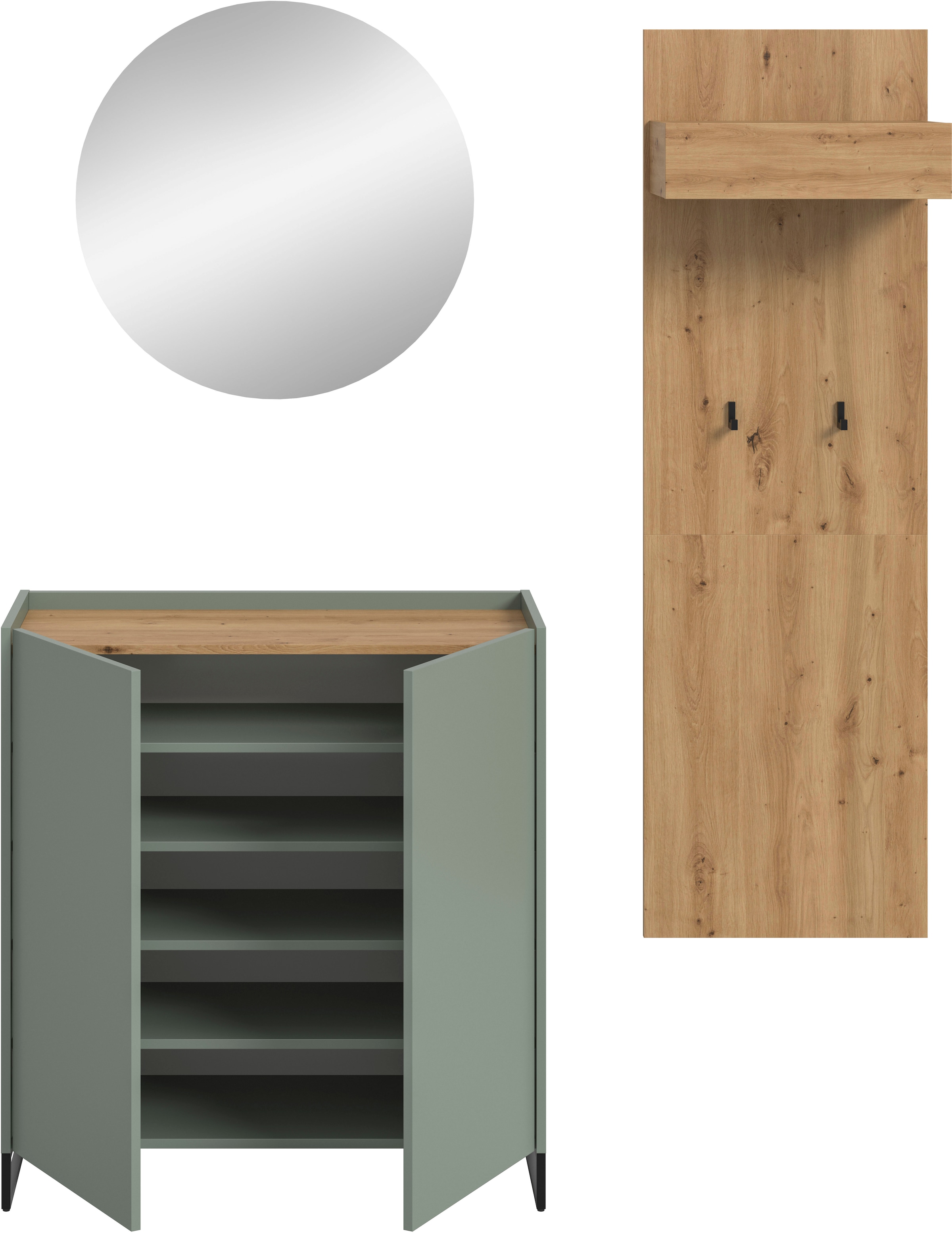 Home affaire Garderoben-Set »EVRID, 3-teilig, Breite 175 cm, individuell stellbar & erweiterbar« best. aus: Kommode, Spiegel & Garderobenpaneel, 3 Stk. tlg.