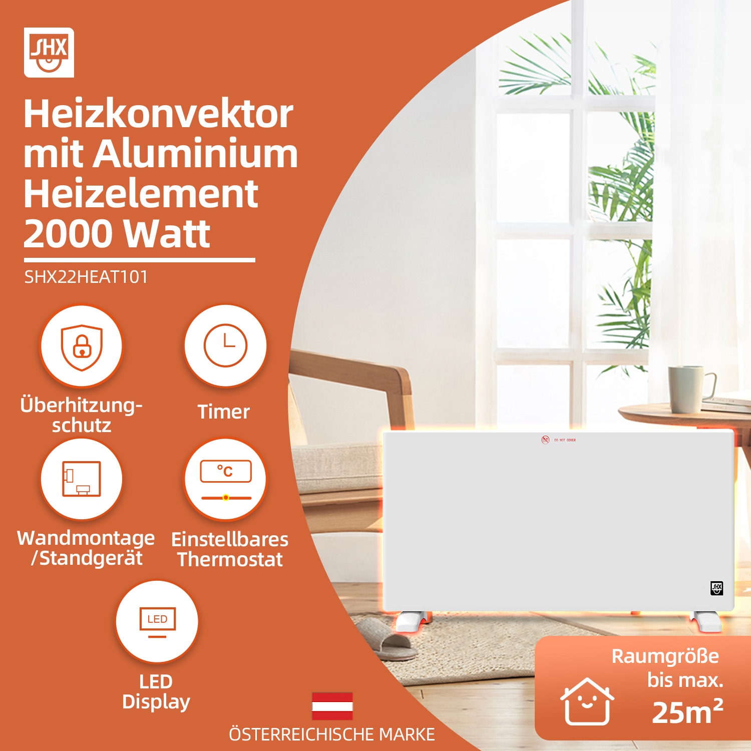 SHX Konvektor, 2000 W, Display, Timer, Wandmontage möglich