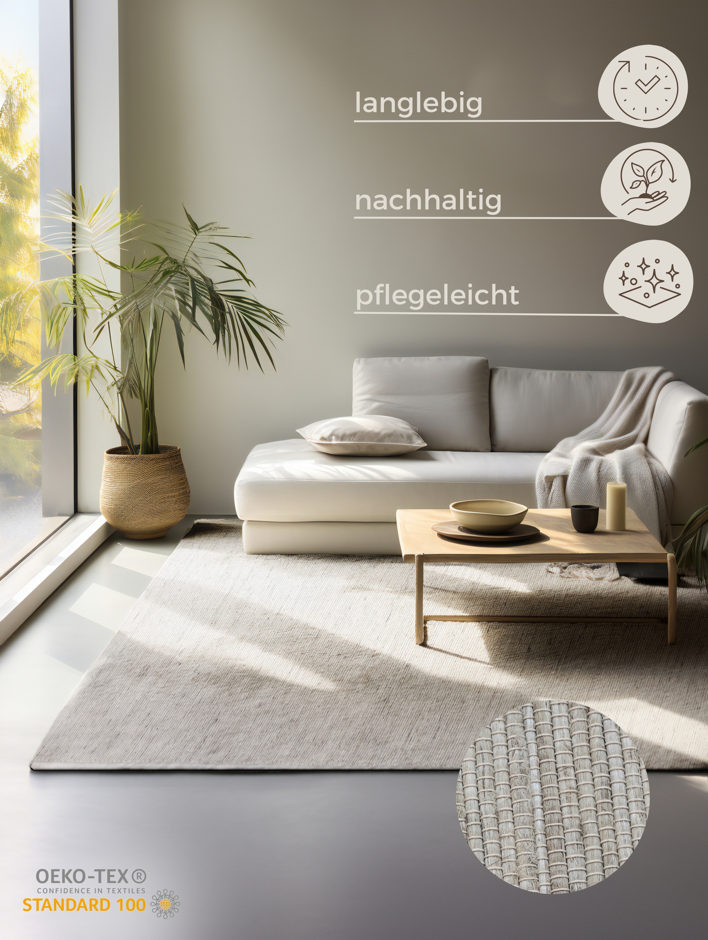 HANSE Home Teppich »Dhaka Juteteppich«, rechteckig, 5 mm Höhe, Läufer, handgewebt, Jute, Wolle, Natur, Wohnzimmer, Flur, Klassisch