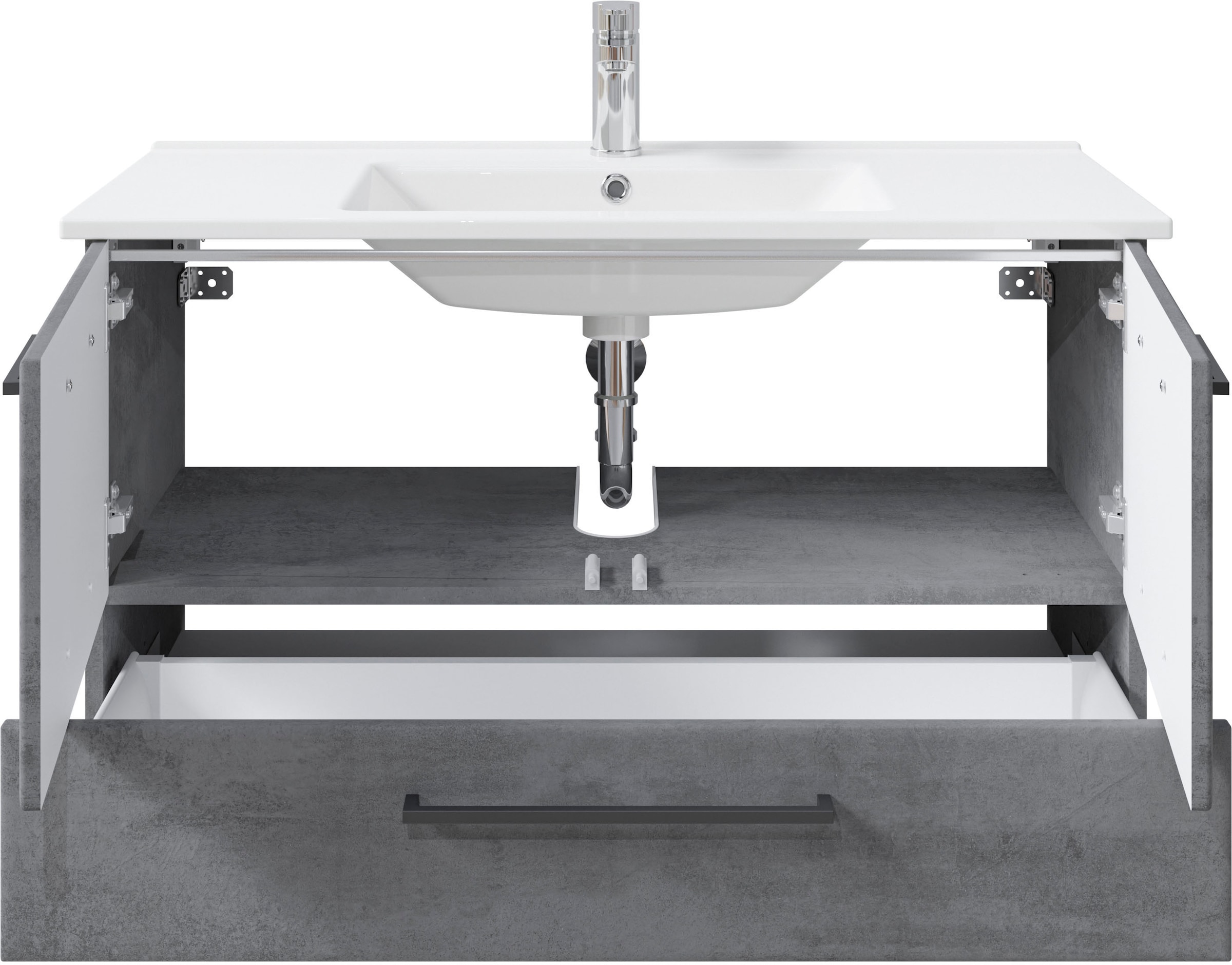 Saphir Badmöbel-Set »Quickset 945 4-teilig, Keramik-Waschtisch mit LED-Spiegelschrank«, (5 St.), Unterschrank, Midischrank, 7 Türen, 5 Schubladen, inkl. Türdämpfer