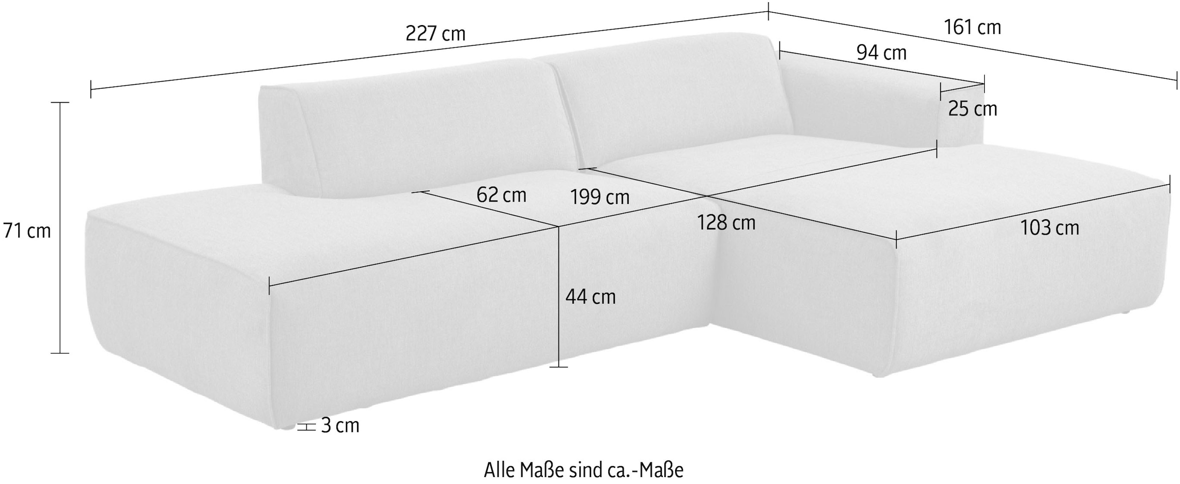 andas Ecksofa »Noord mit Kedernaht, Breite 227 cm«, mit Kedernaht, Breite 227 cm, Cord, Struktur, Webstoff