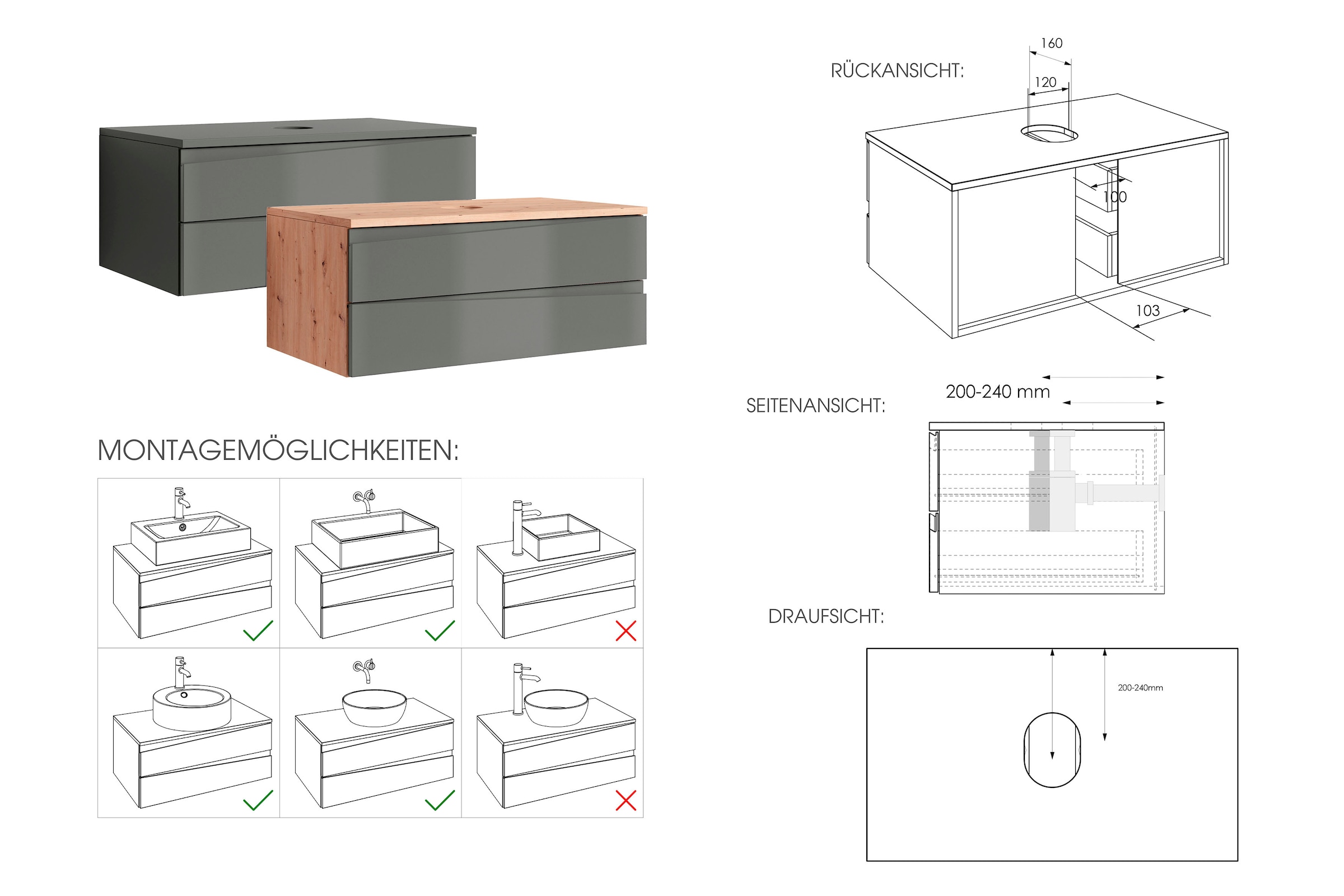byLIVING Waschbeckenschrank »Shape«, (1 St.), für Aufsatzbecken mit asymetrischer Hochglanz Front, 2 Schubkästen