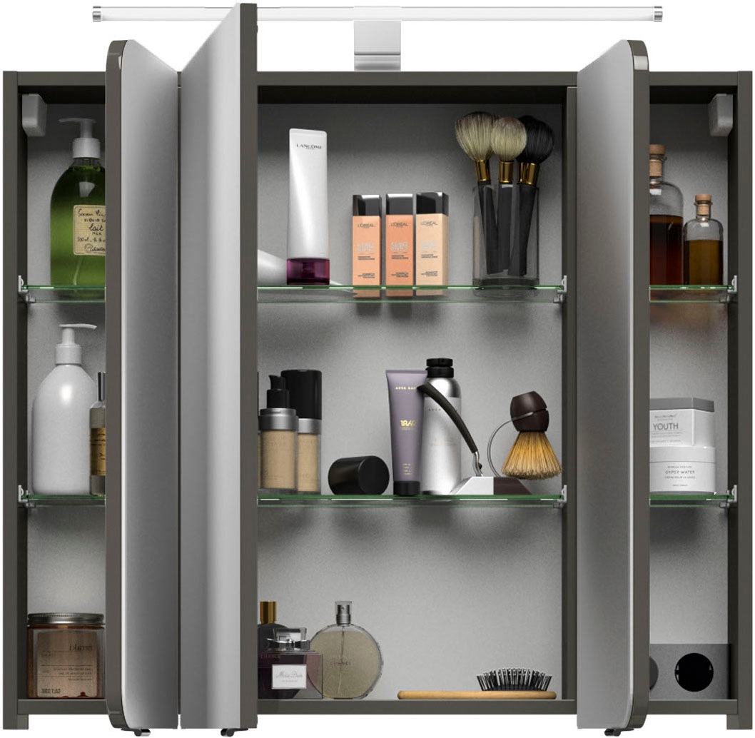 Saphir Badmöbel-Set »Serie 4005, vormontiert, Glaswaschbecken, Spiegelschrank«, (Set, 6 St.), Badezimmer-Set mit Unterschrank, Hängeschrank, Hochschrank, Türdämpfer