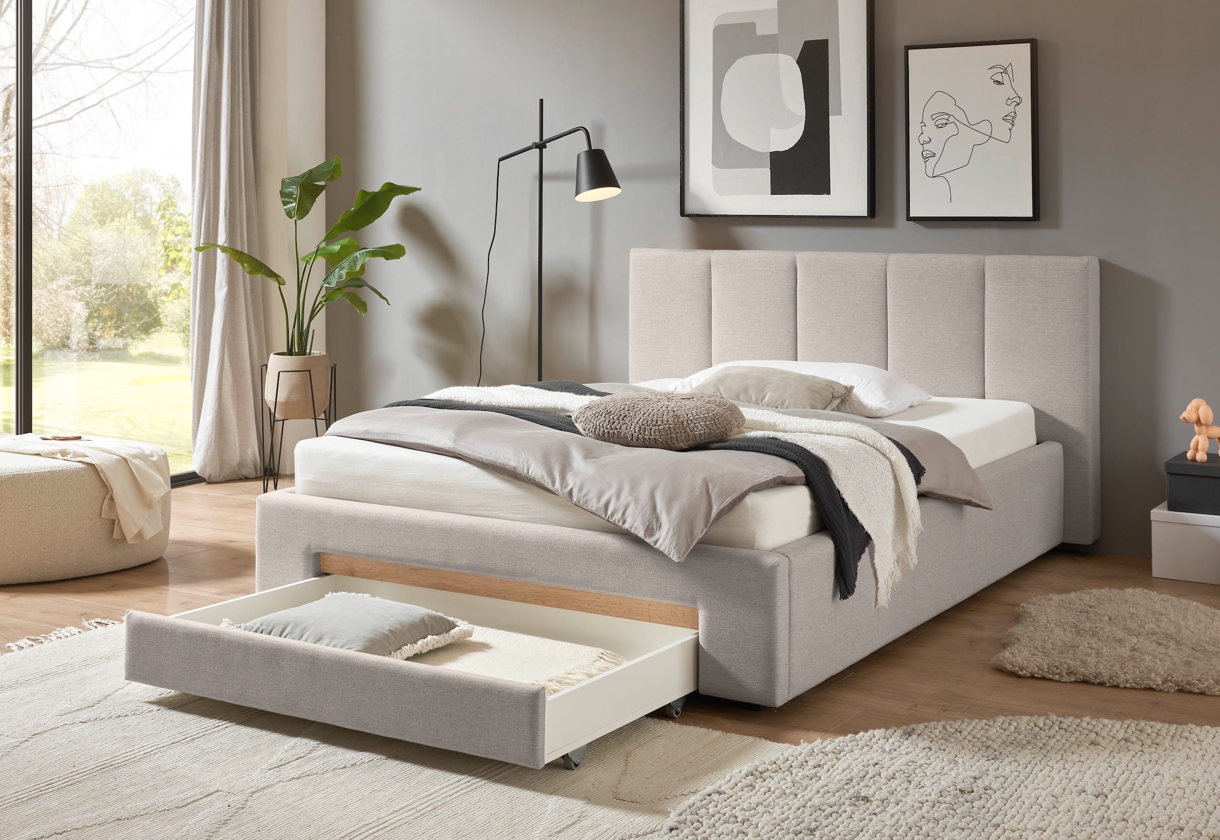 INOSIGN Polsterbett »CiTY/GiRON, Bettgestell mit Bettkasten, gepolstertes Stauraumbett«, mit Hundebett oder Stauraumschublade, Bezug Cord-oder Leinenoptik