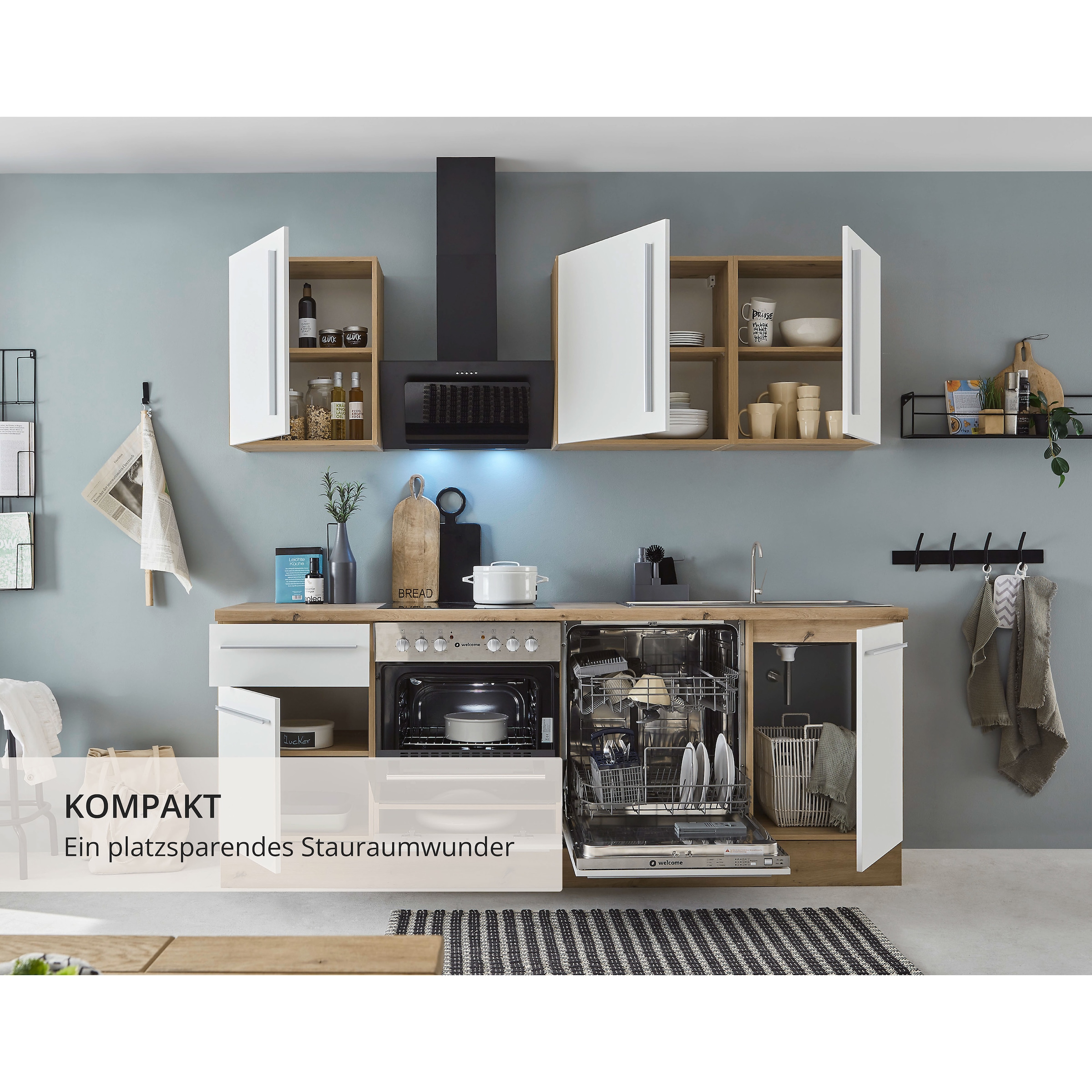 KOCHSTATION Küchenzeile »Florida mit 38mm starker Arbeitsplatte«, Breite 220 cm, wahlweise mit E-Geräten, Soft-Close-Funktion