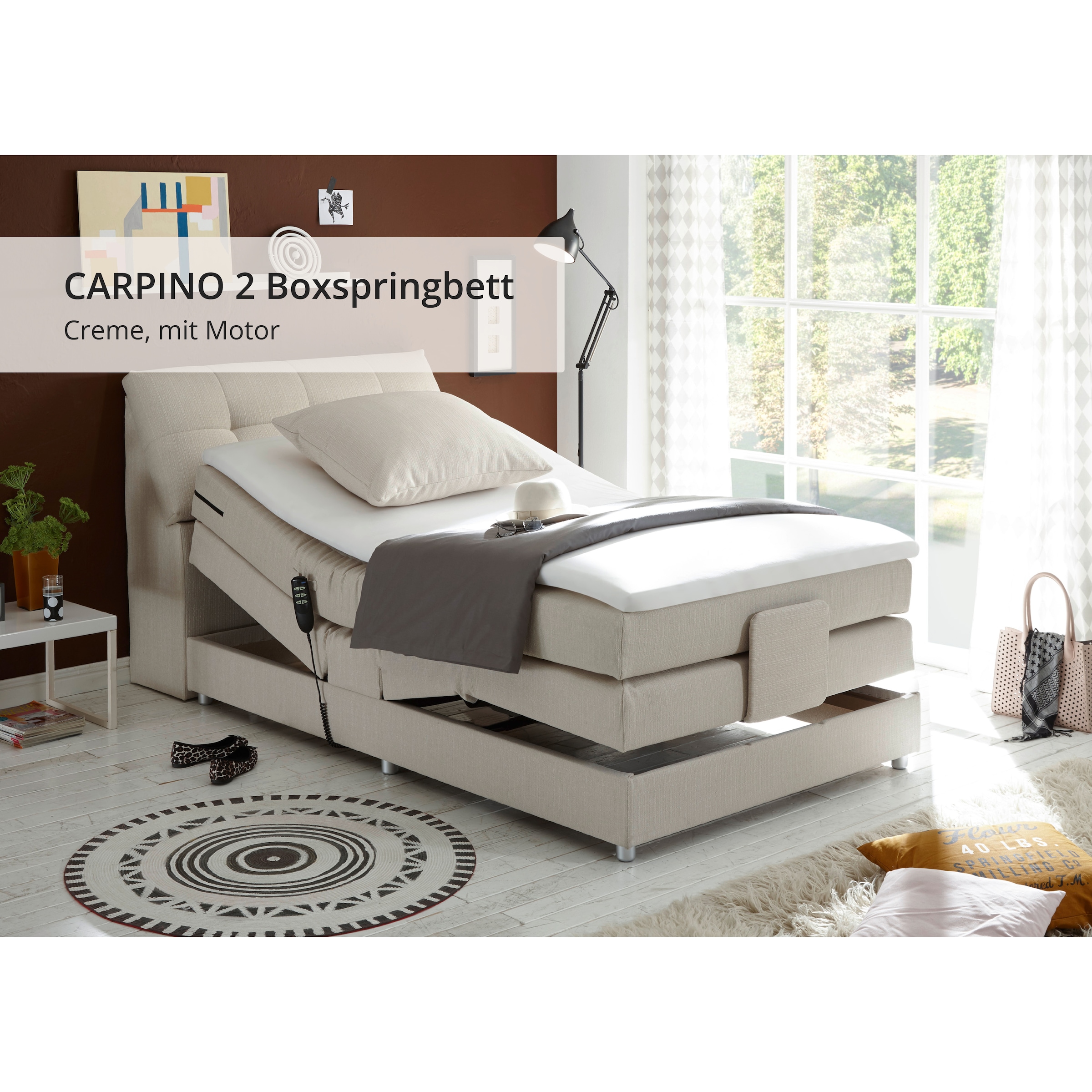 ED EXCITING DESIGN Boxspringbett »Carpino wahlweise in den Breiten 120cm oder 180cm erhältlich« inkl. Motor, Stauraum im Kopfteil und Topper