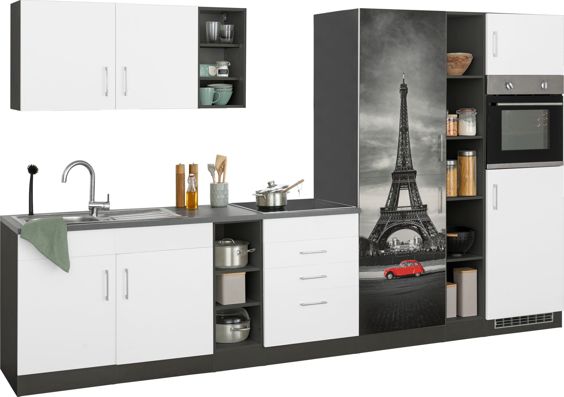 KOCHSTATION Küchenzeile »KS-Paris – Küchen mit einzigartigen Fotomotiven auf den Fronten« Breite 340 cm, wahlweise mit E-Geräten und Induktion