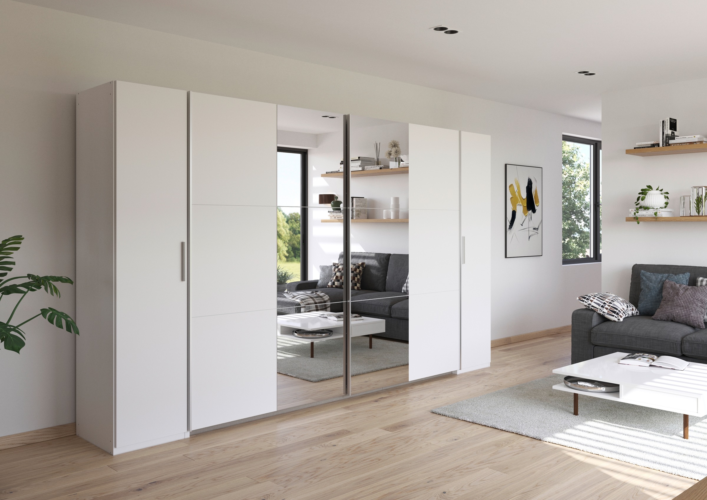 rauch Schwebetürenschrank »Kleiderschrank Drehtürenschrank Schrank Garderobe KRONACH« in 3 Ausstattungen BASIC/CLASSIC/PREMIUM, Breiten 225/268/311/354 cm,  Kombischrank optional mit 1 oder 2 Spiegel viele Böden MADE IN GERMANY