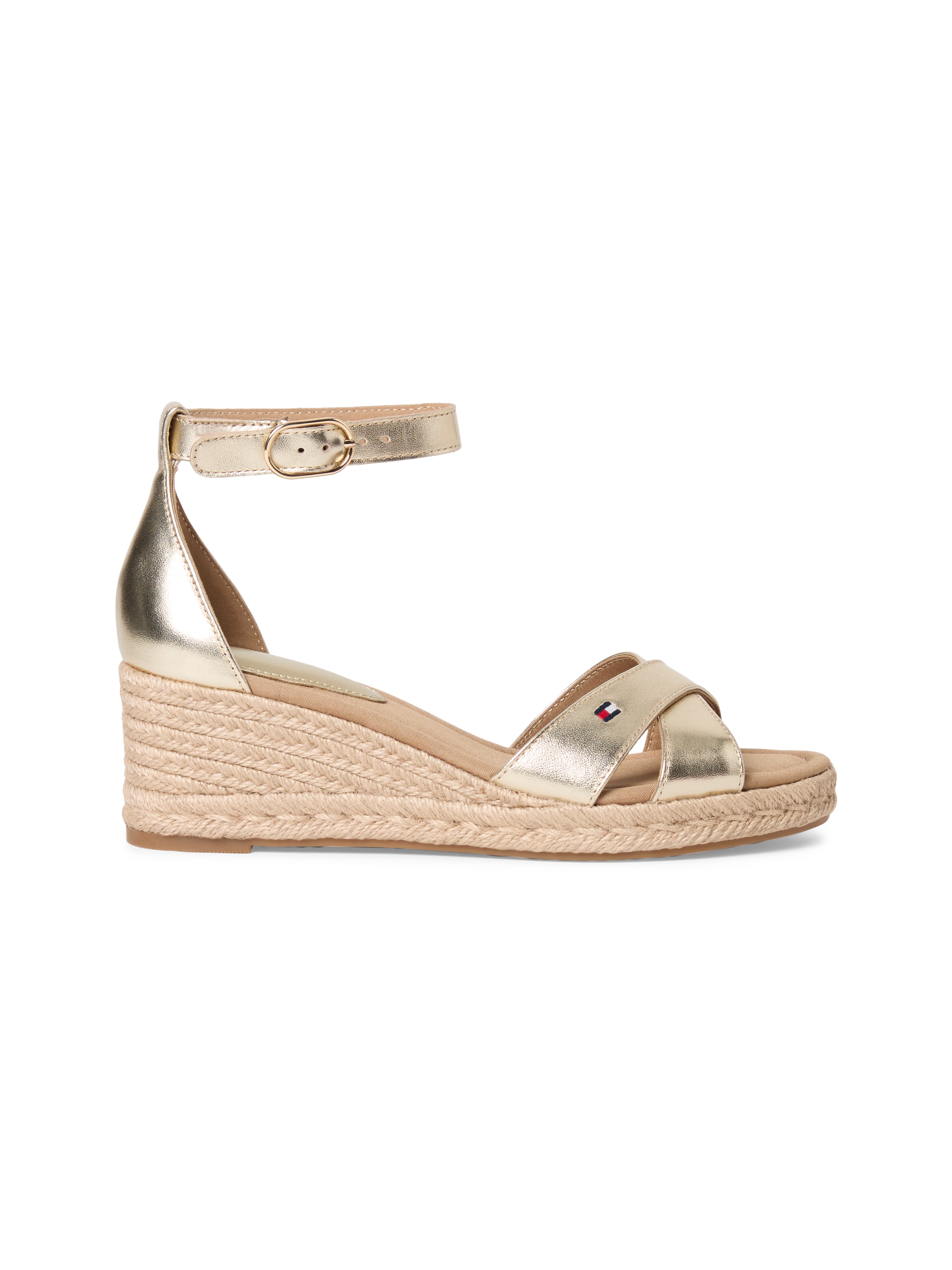Tommy Hilfiger Keilsandalette »MID WEDGE ESPAD X CROSS GOLD«  Sommerschuh, Riemchensandale mit modischer Kreuzbandage - schmale Form