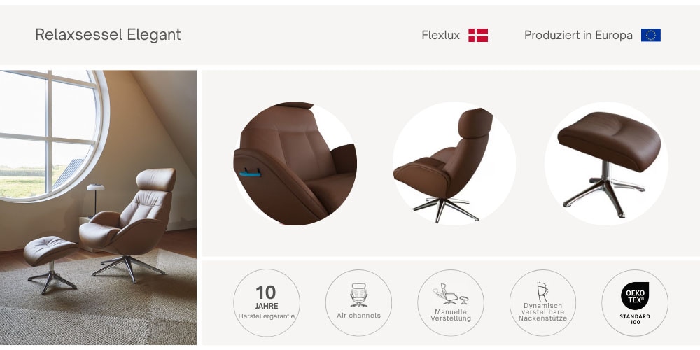 FLEXLUX Relaxsessel »Relaxchairs Elegant«, Premium Komfort, Rücken- & Kopfteilverstellung, drehbar, Fuß schwarz