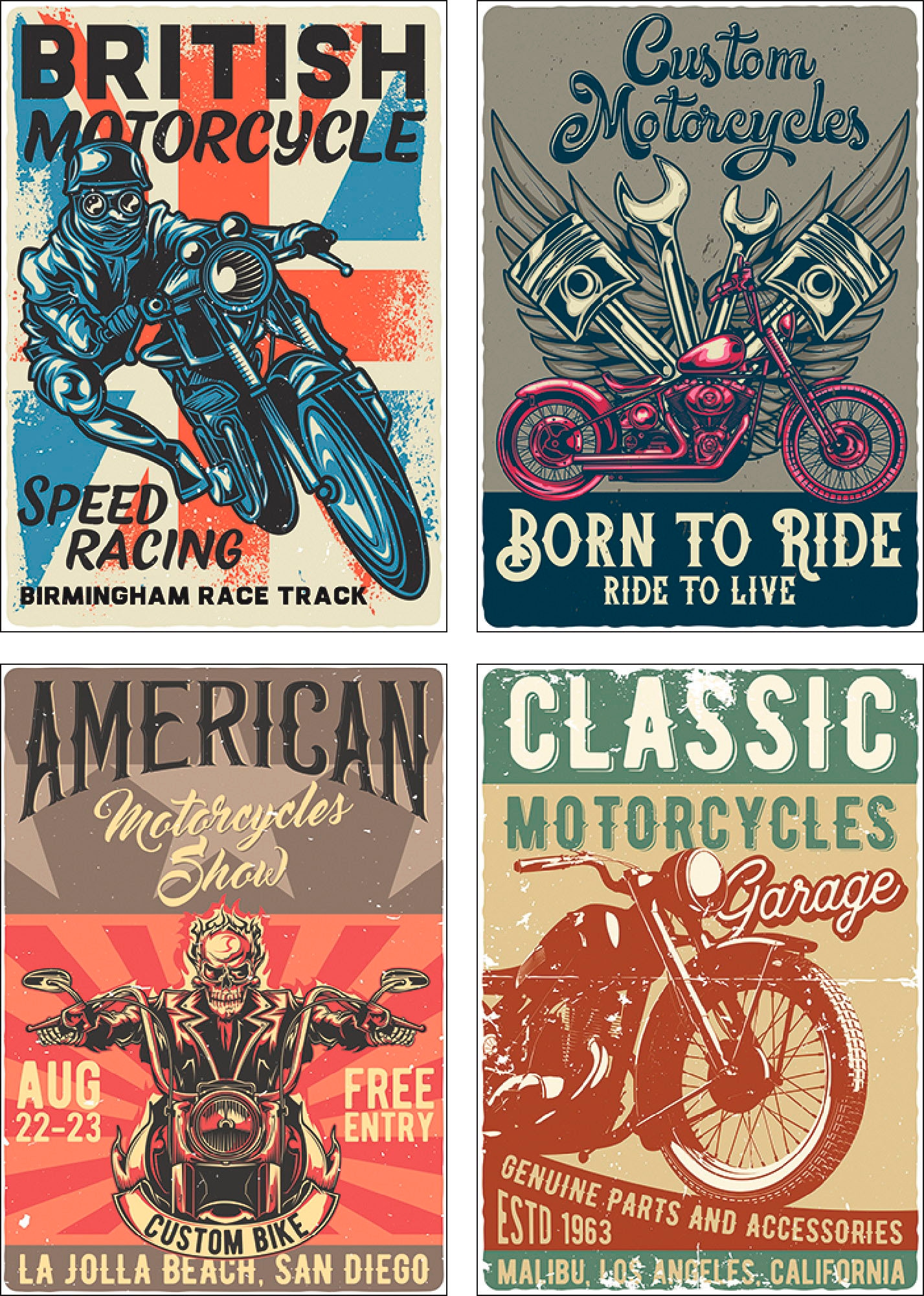 Poster »Born to ride Totenkopf Motorradfahrer«, Sprüche & Texte, (4 St.), Poster,...