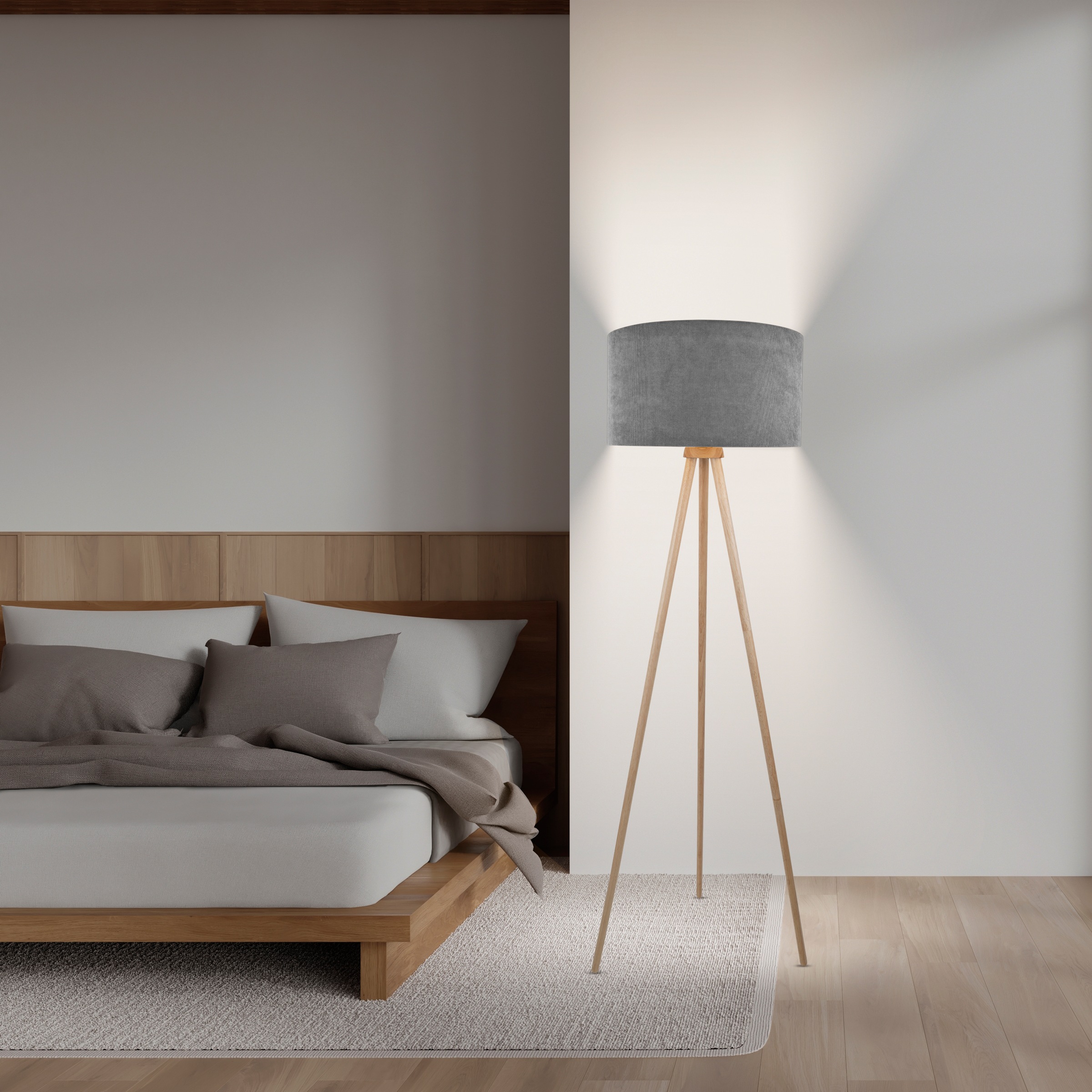 OTTO home Stehlampe »Torell - Dreibein Stehleuchte« E27 1 Stk. Schirm mit Cordbezug, Dreibein aus Holz, 1x E27 exkl., Zuleitung 300cm