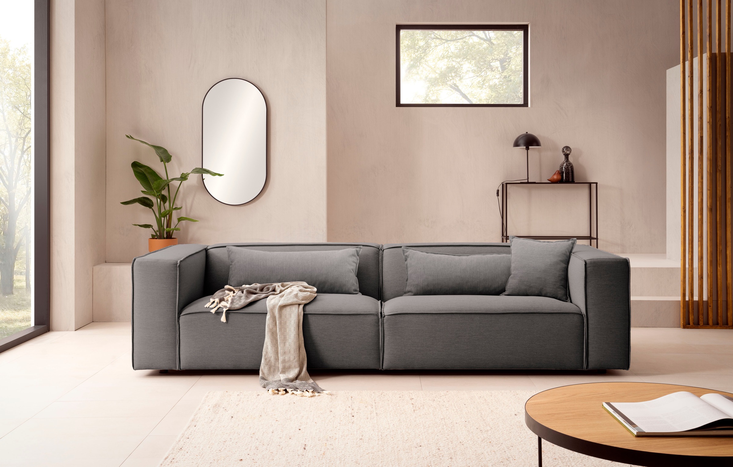 LeGer Home by Lena Gercke 3-Sitzer »PIARA, Couch mit Kedernaht, Sofa in Cord oder Leinenoptik«, schwarze Füße, bequemer Sitzkomfort