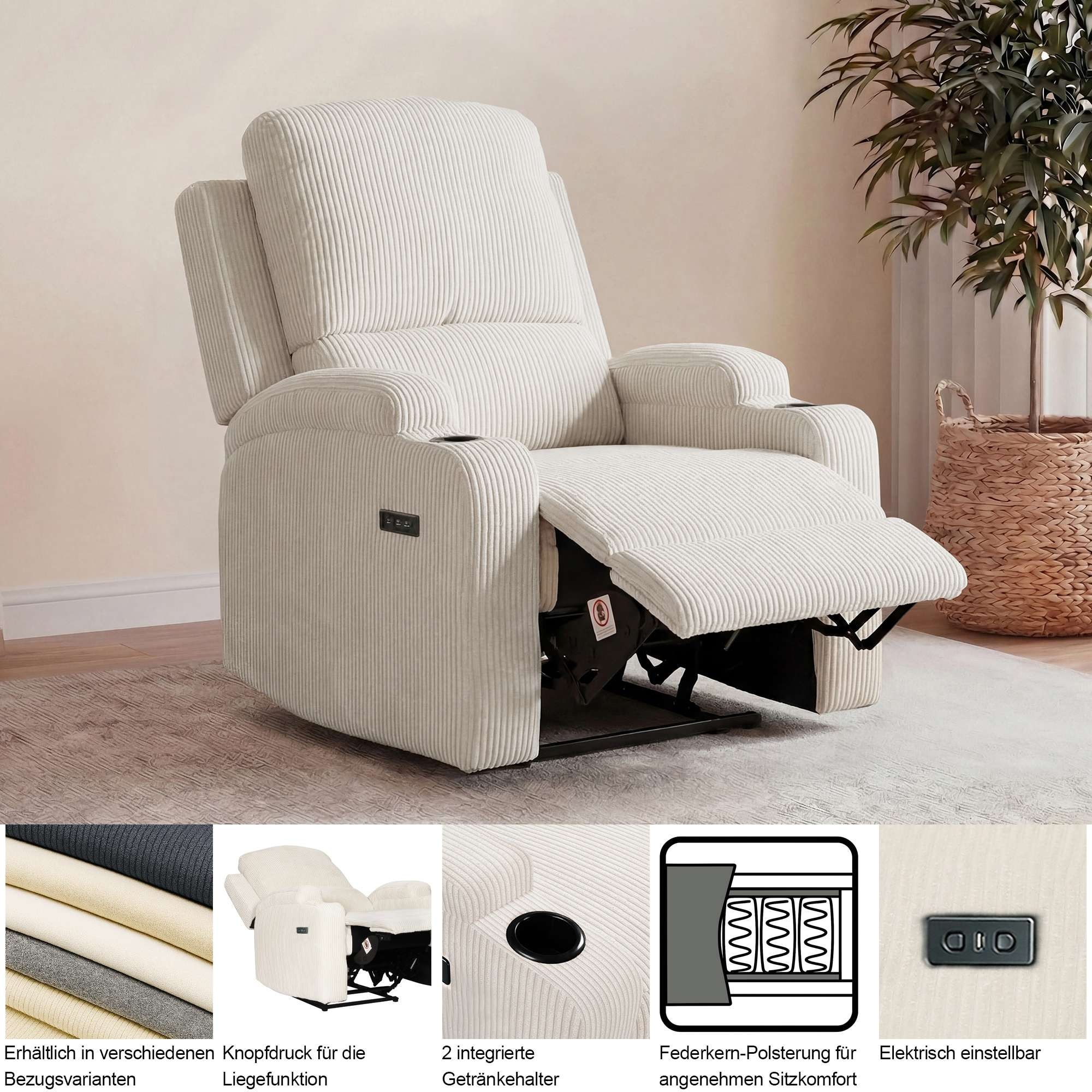 OTTO home Relaxsessel »NAPORI Struktur, Kinosessel, Multimedia-Sessel« TV-Sessel mit manueller u elektrischer Relaxfunktion u. Getränkehalter