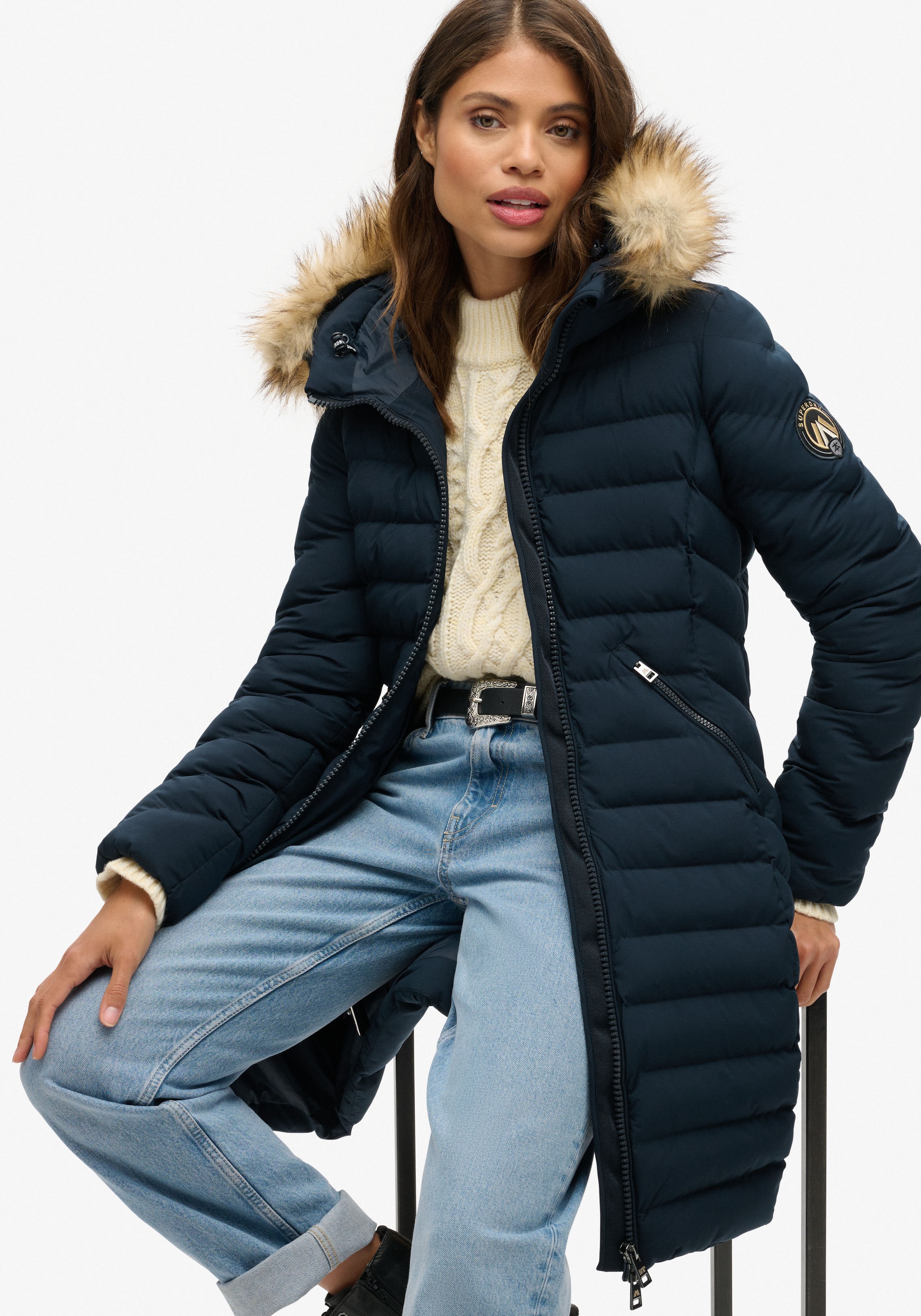 Superdry Steppjacke »FUJI FAUX FUR HOOD MID LENGTH«, mit Kapuze