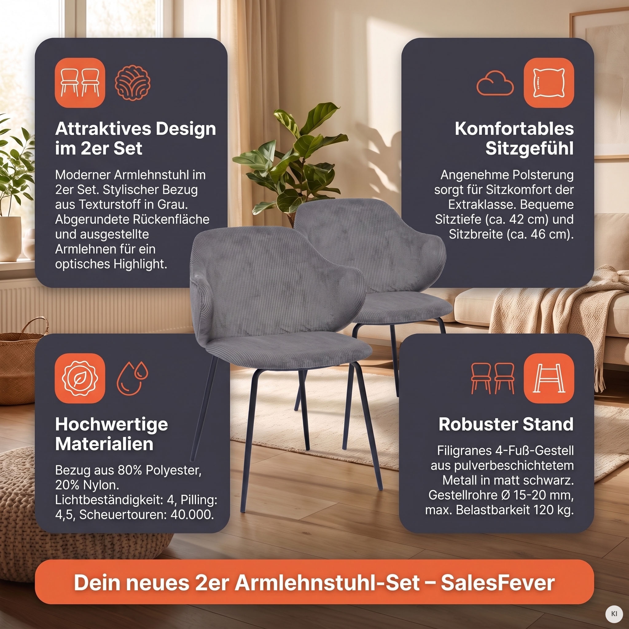 SalesFever Armlehnstuhl »Skive Zweier-Set mit stilvollem Cord-Optik Bezug« (Set) 2 Stk.Bezug in Cord-Optik