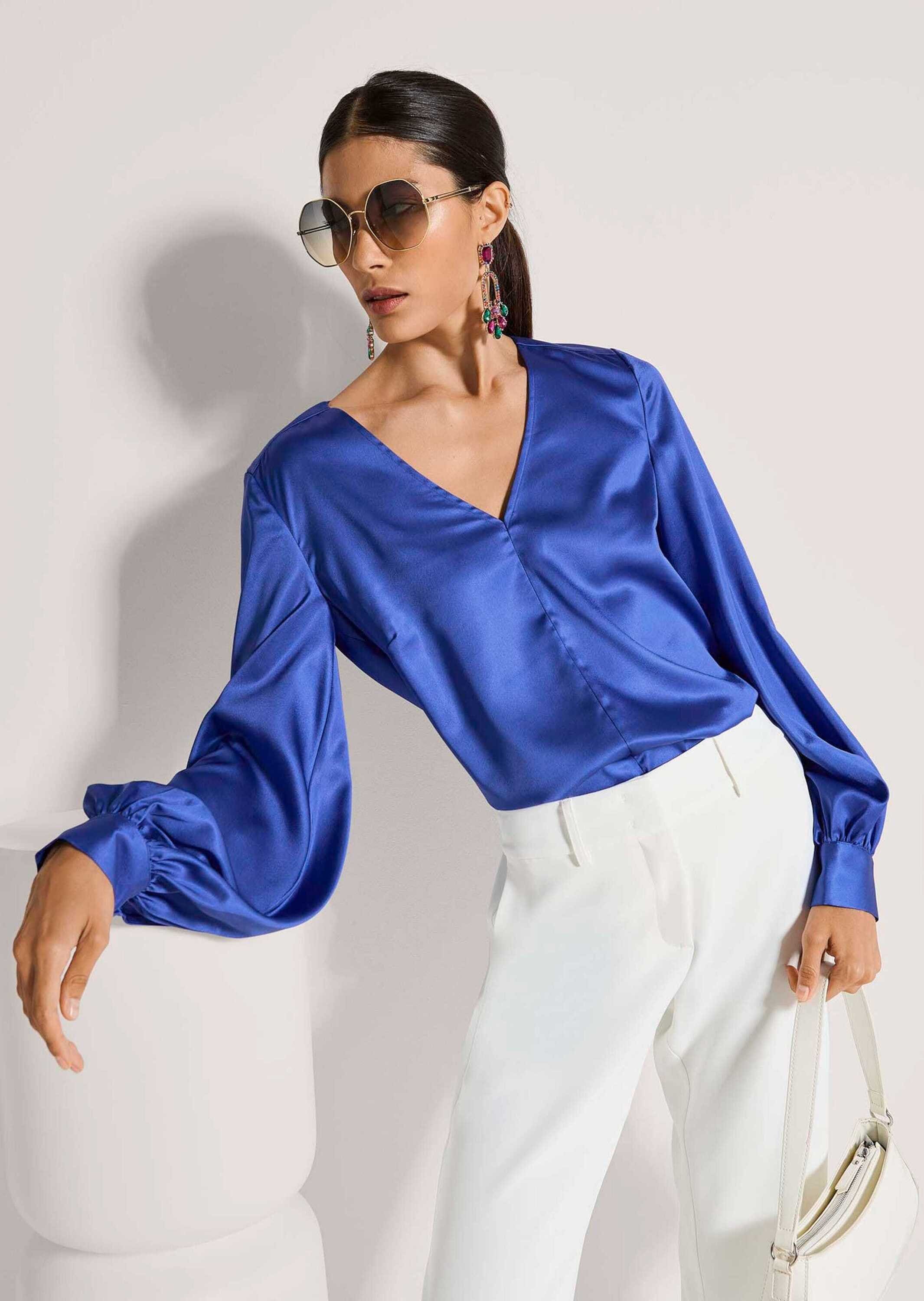 MADELEINE Langarmbluse »Satinbluse Blusenshirt mit schimmerndem Glanz« Markante Mittelnaht