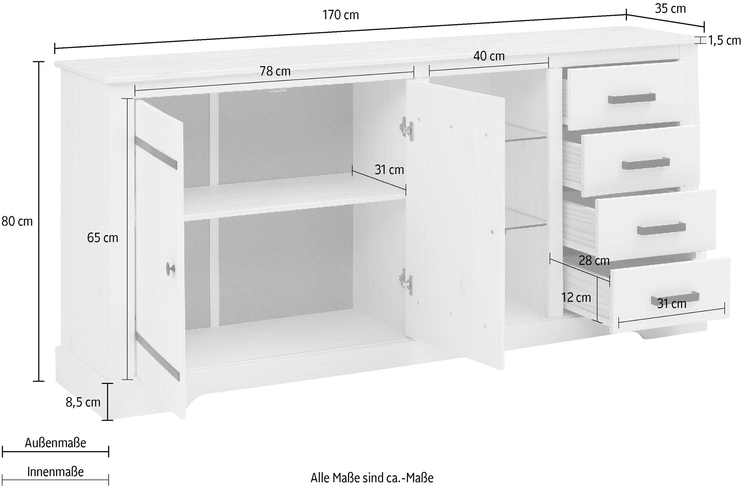 Home affaire Sideboard, Kommode aus massivem Kiefernholz, mit verstellbaren Glaseinlegeböden