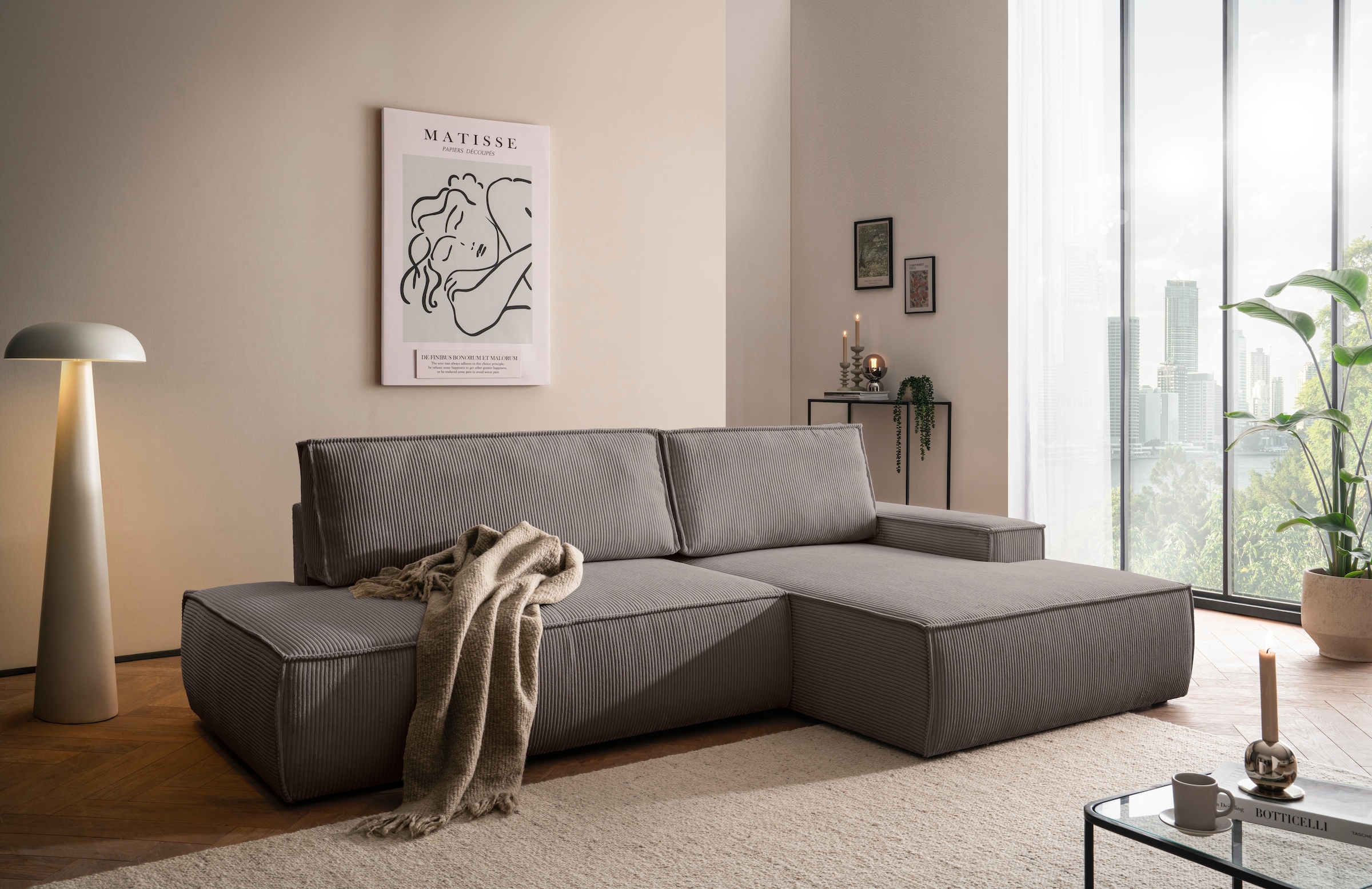 Home affaire Ecksofa »SHERWOOD,  Schlafsofa in L-Form offen (275cm), Cord, Leinenoptik« Schlaffunktion und Bettkasten, Kedernaht, hoher Sitz- & Liegekomfort,