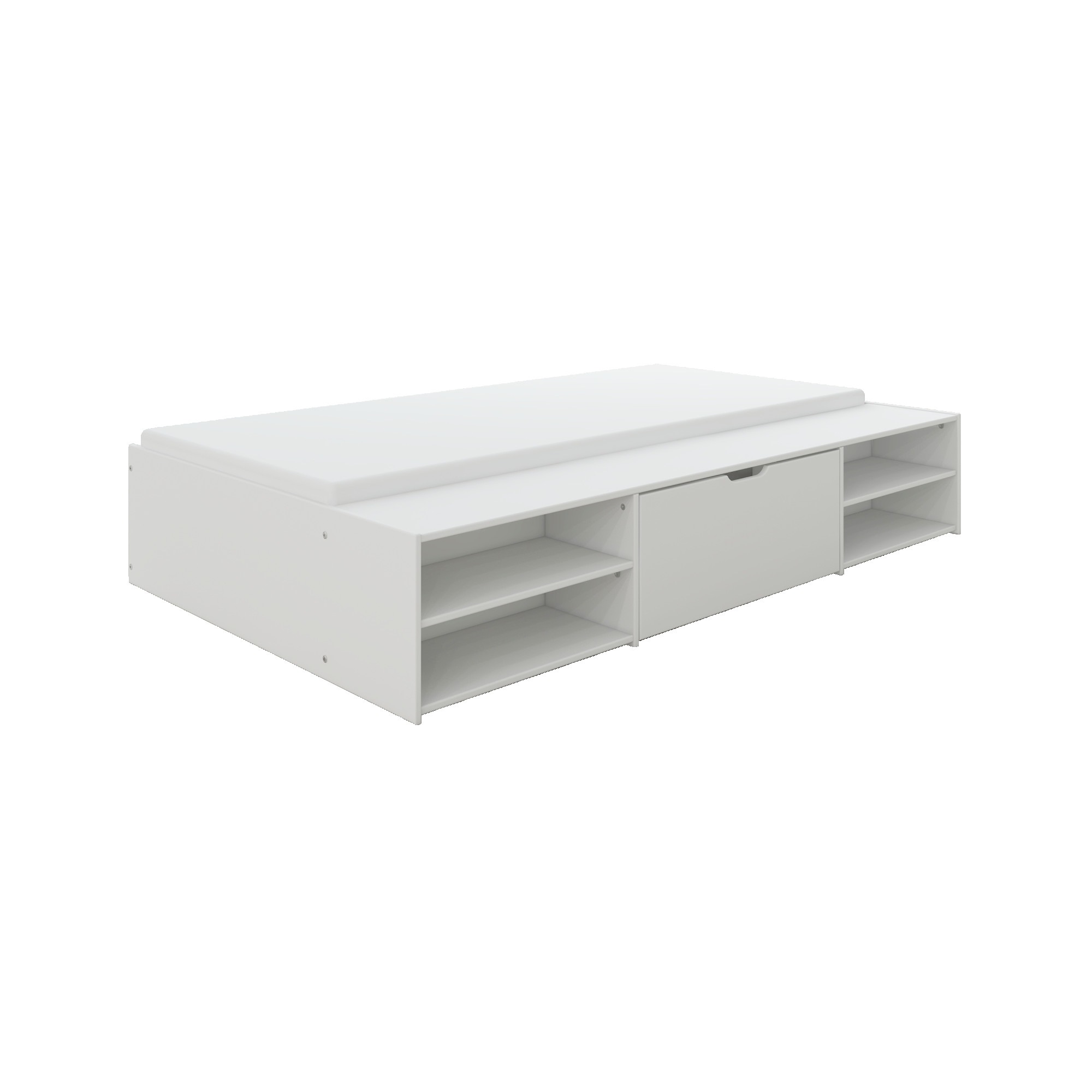 Home affaire Stauraumbett »Cavan, Jugendbett, Podestbett, Futonbett, Made in EU«, (Breite/ Belastbarkeit: 120cm/200 KG, 90cm/ 100KG), inklusive Lattenrost, viel Stauraum, breite Ablage, FSC® zertifiziert