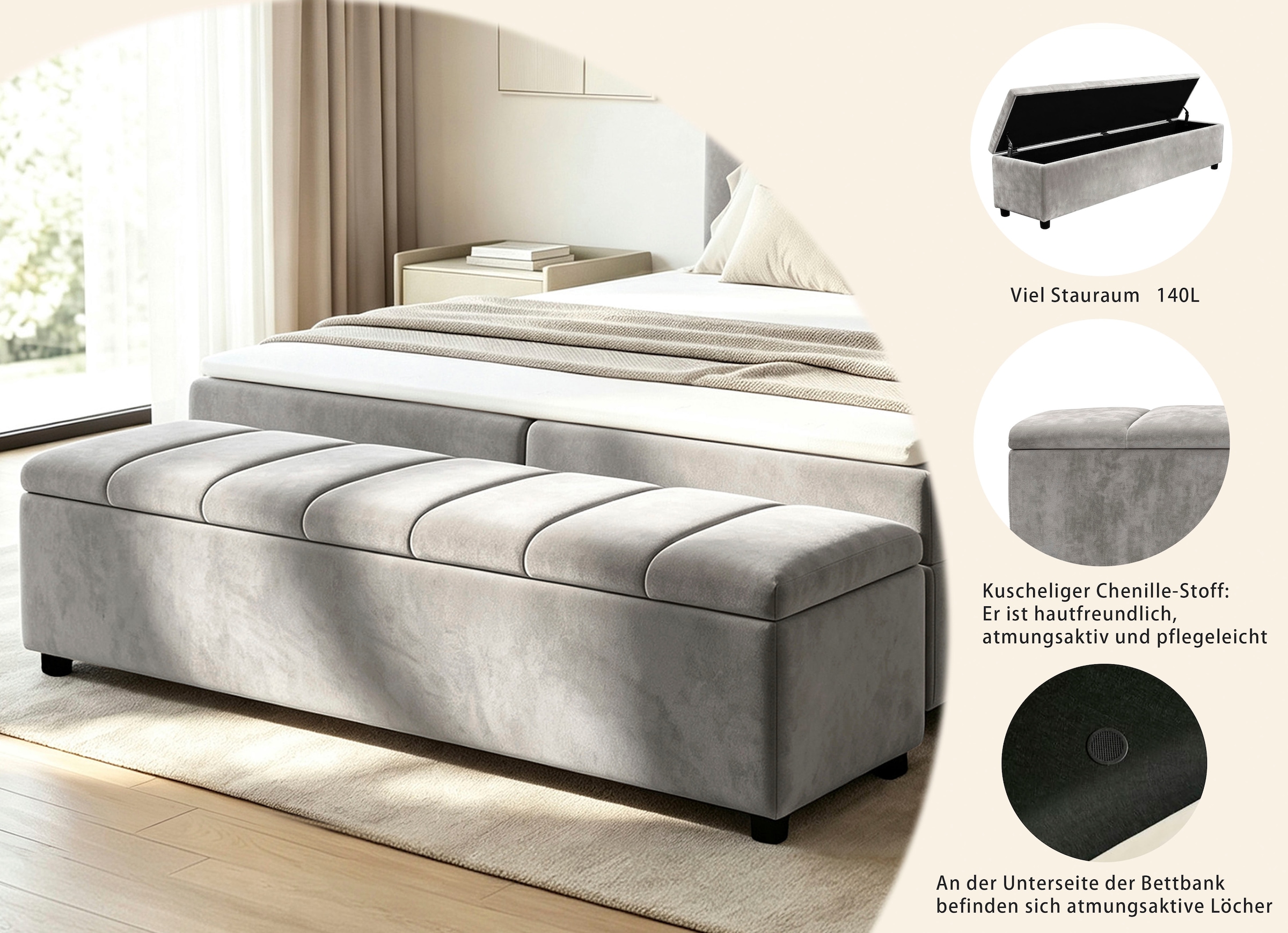 OTTO home Sitzbank »Haileyy mit Stauraum (140L), Breite: 180cm«