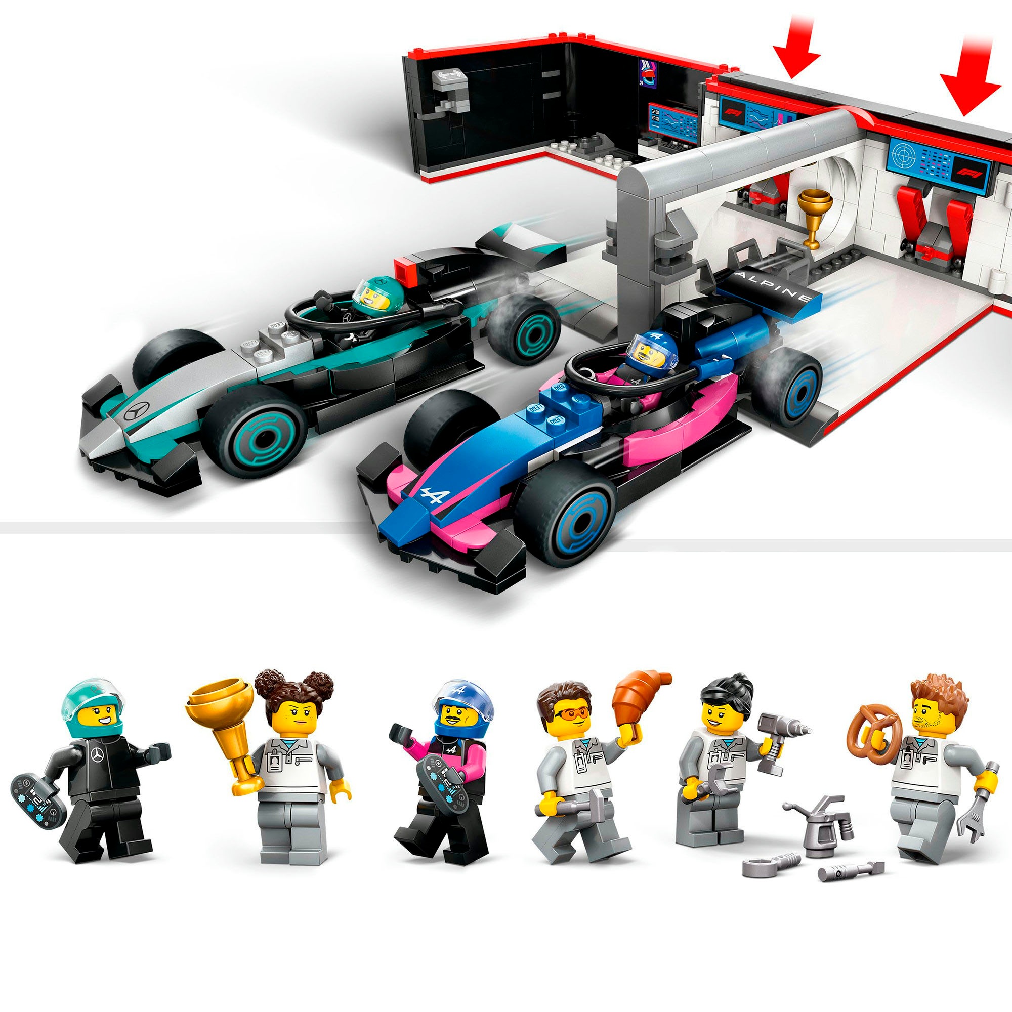 LEGO® Konstruktionsspielsteine »F1® Garage mit Mercedes-AMG & Alpine Rennautos (60444), LEGO City«, (678 St.), Made in Europe