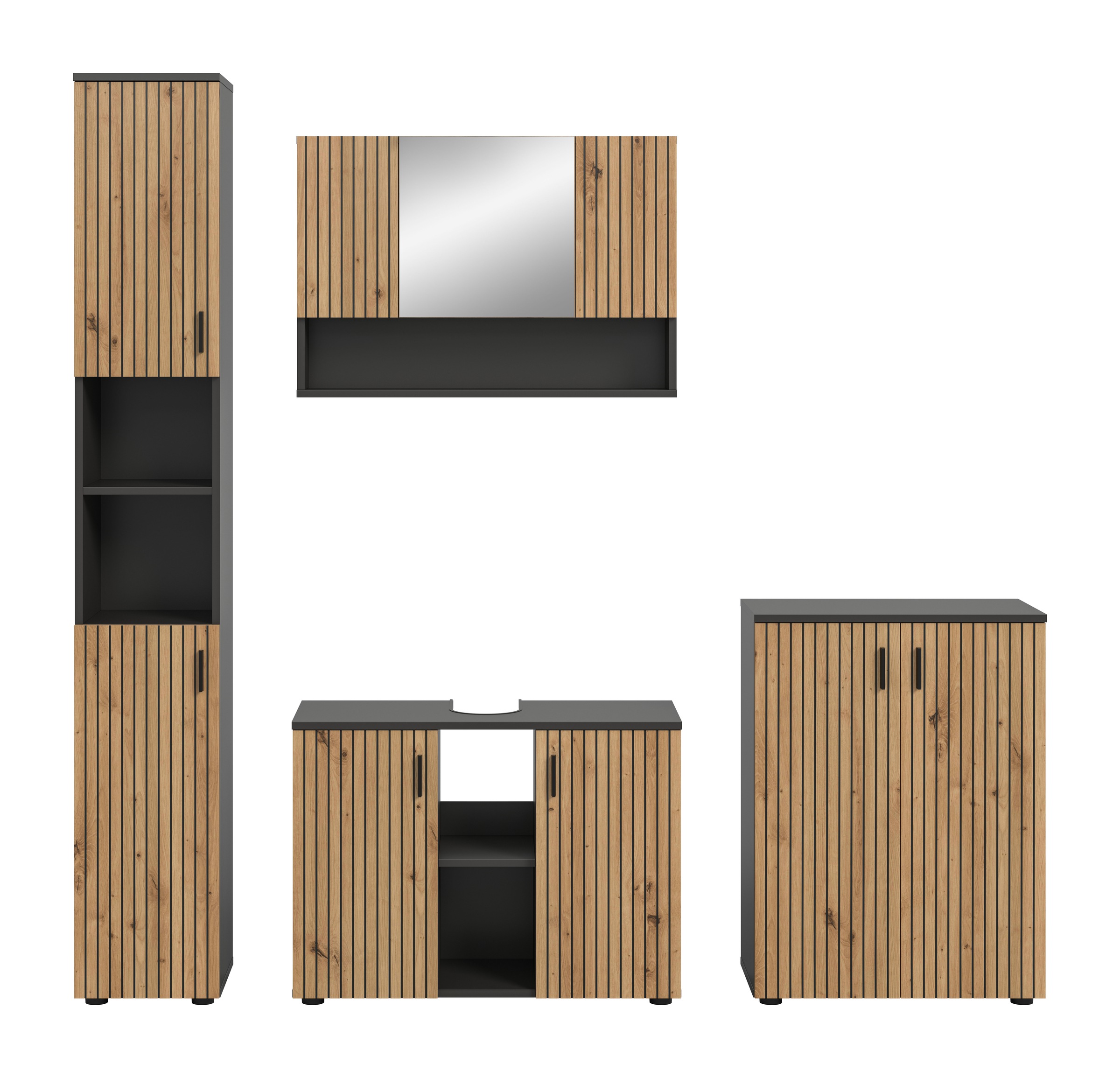 welltime Badmöbel-Set »MANI, 4-tlg. Badkombination, Paneeloptik« Set, Set, best. aus: 1Badschrank,1WBU,1Spiegelschrank,1Badschrank, 4 Stk. tlg.