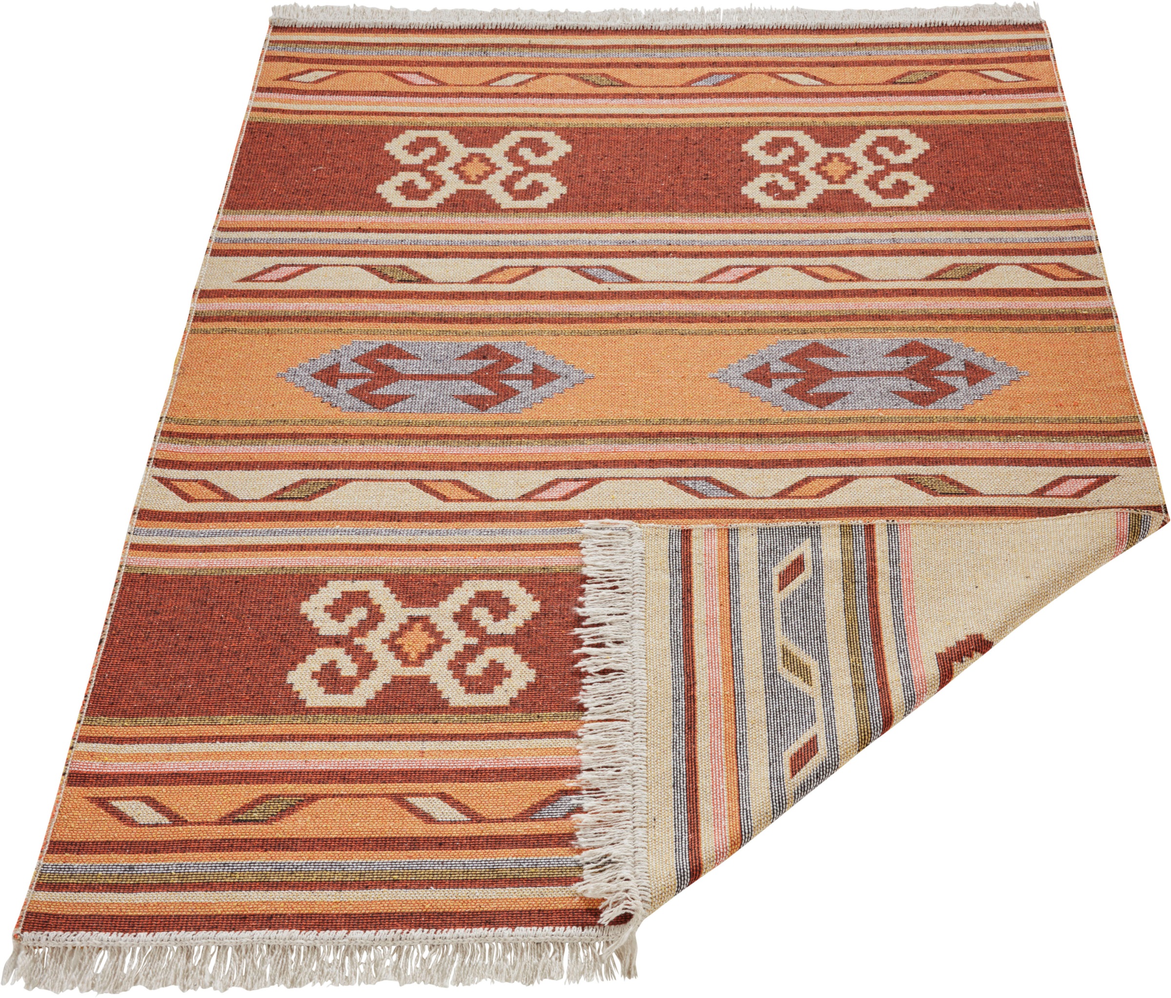 HANSE Home Teppich »Tansa«, rechteckig, 3 mm Höhe, Wendbar mit Fransen, Kelim Look, Boho, 100% recycelte Baumwolle, Faltbar, Wohnzimmer, Schlafzimmer, Robust, Pflegeleicht