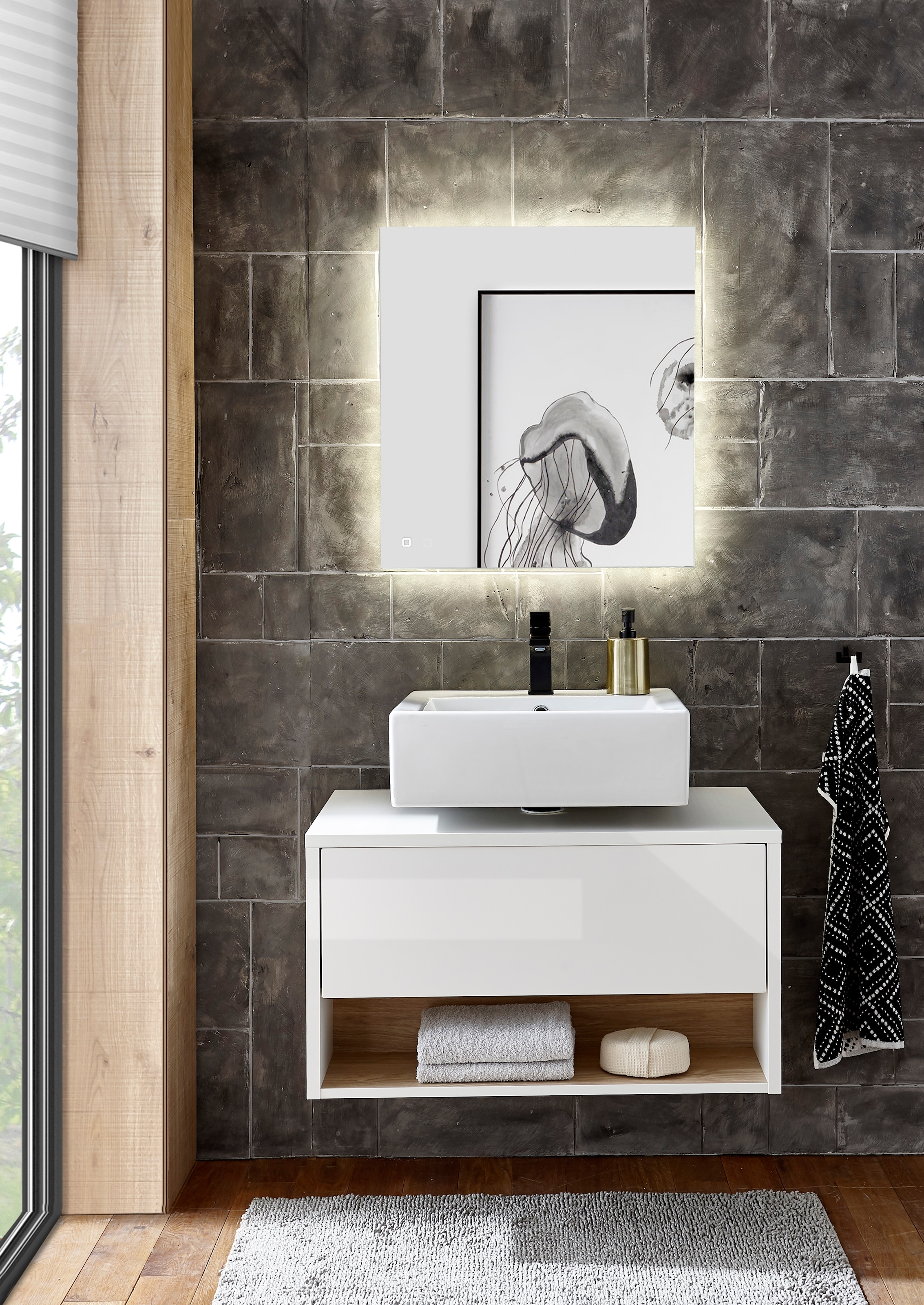 Places of Style Badmöbel-Set »Studio Line, Bad im modernen Design, 2-teiliges Badezimmer«, (2 St.), Unterschrank und Spiegel, in zwei Farben verfügbar, viel Stauraum