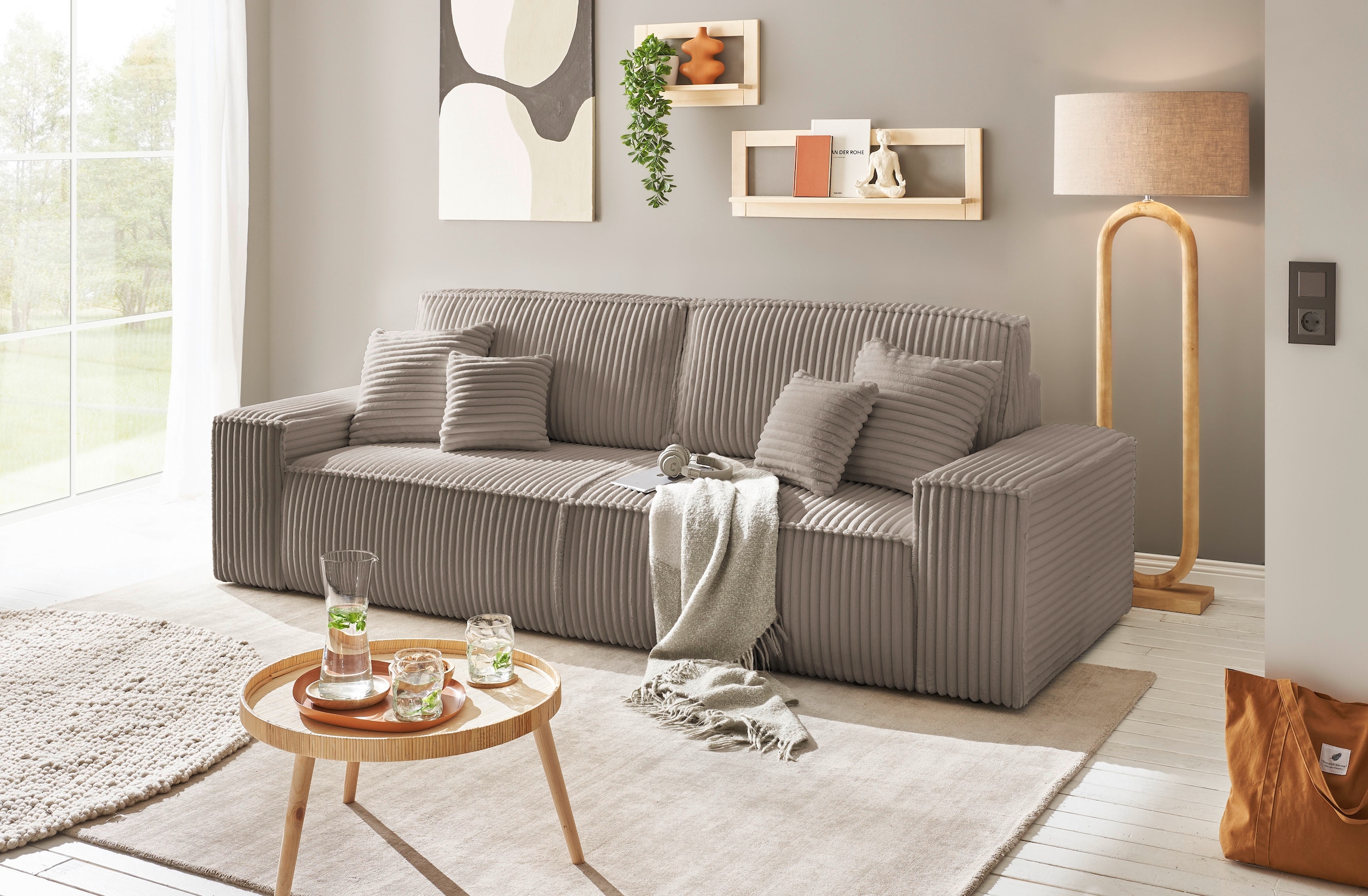 andas 3-Sitzer »FINNLEY Schlafsofa 257 cm, Schlaffunktion mit Bettkasten (200/136cm)«, in Aqua Clean-Bouclé, Struktur fein u. Cord