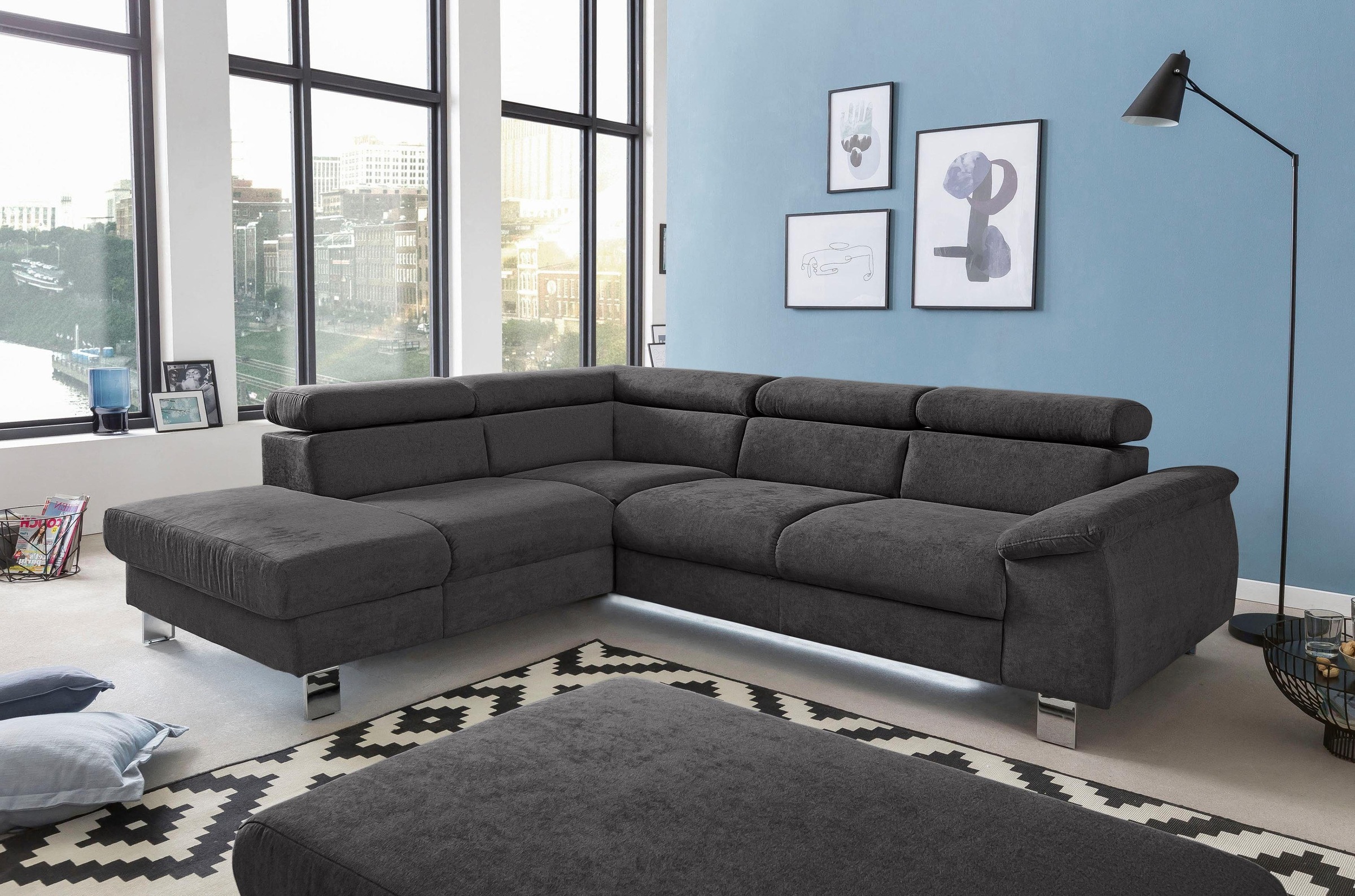 COTTA Ecksofa »Komaris L-Form mit Kopfteilverstellung«, wahlweise mit Bettfunktion, Bettkasten & Beleuchtung